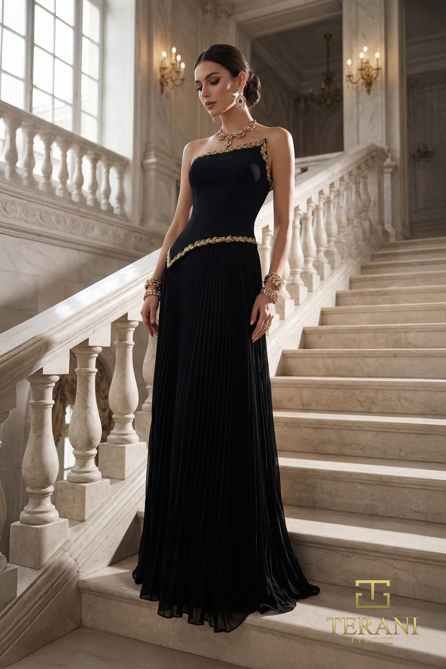 Terani Couture 262E7352 Black Asymmetrical Gold Filigree Basque Waist Crepe & Pleated Chiffon A-Line Evening Gown