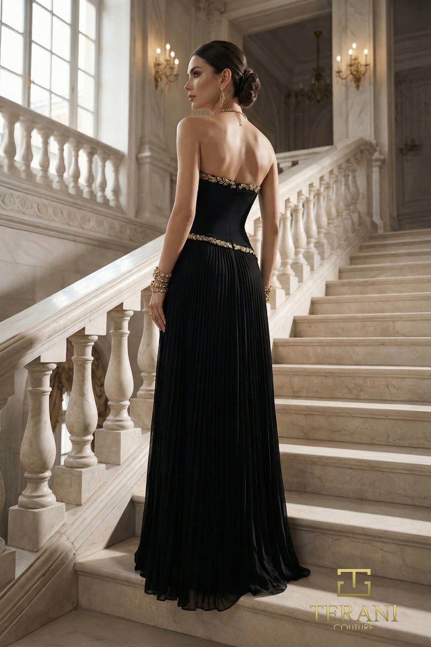 Terani Couture 262E7352 Black Asymmetrical Gold Filigree Basque Waist Crepe & Pleated Chiffon A-Line Evening Gown