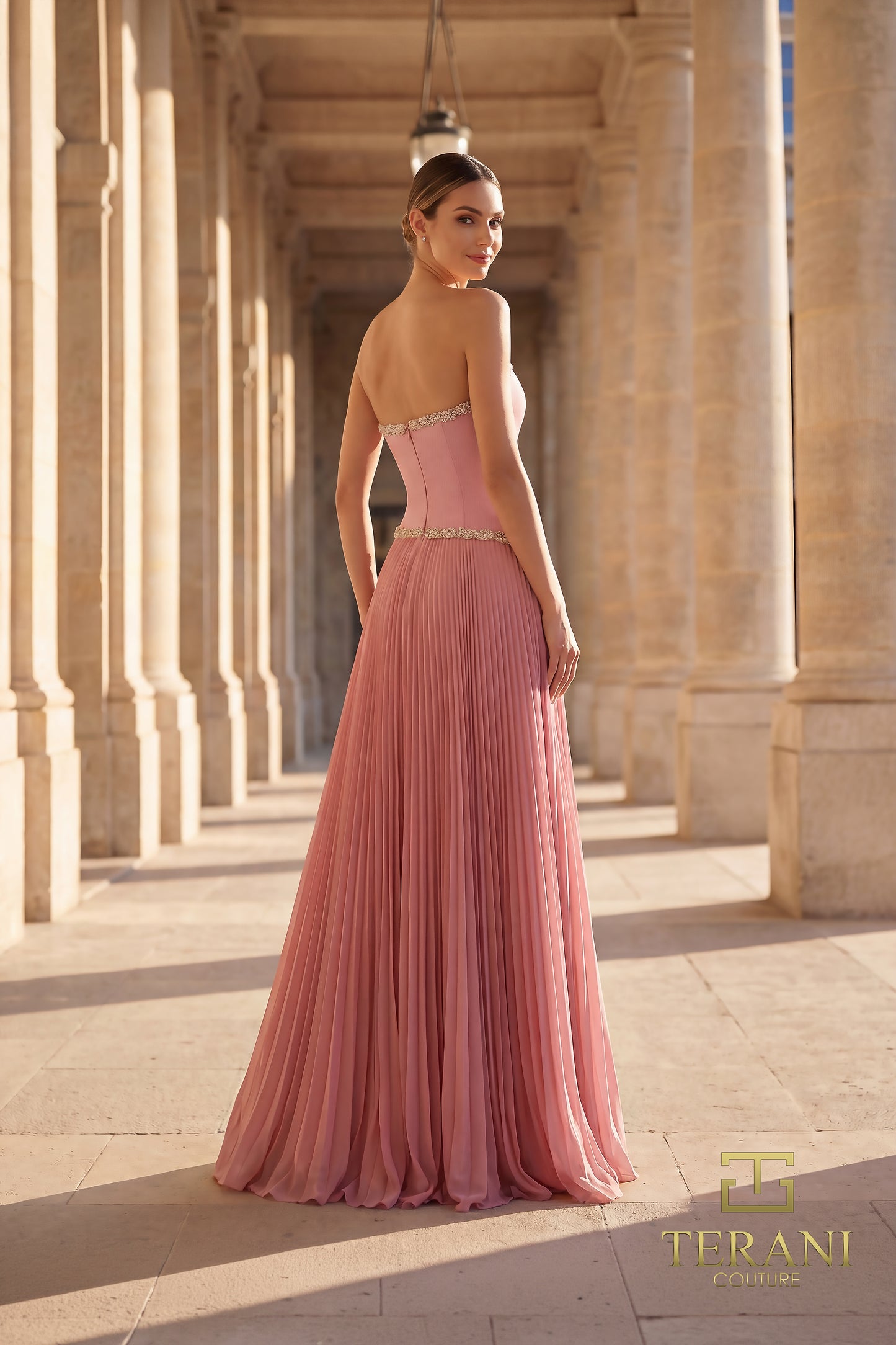 Terani Couture 262E7352 Black Asymmetrical Gold Filigree Basque Waist Crepe & Pleated Chiffon A-Line Evening Gown