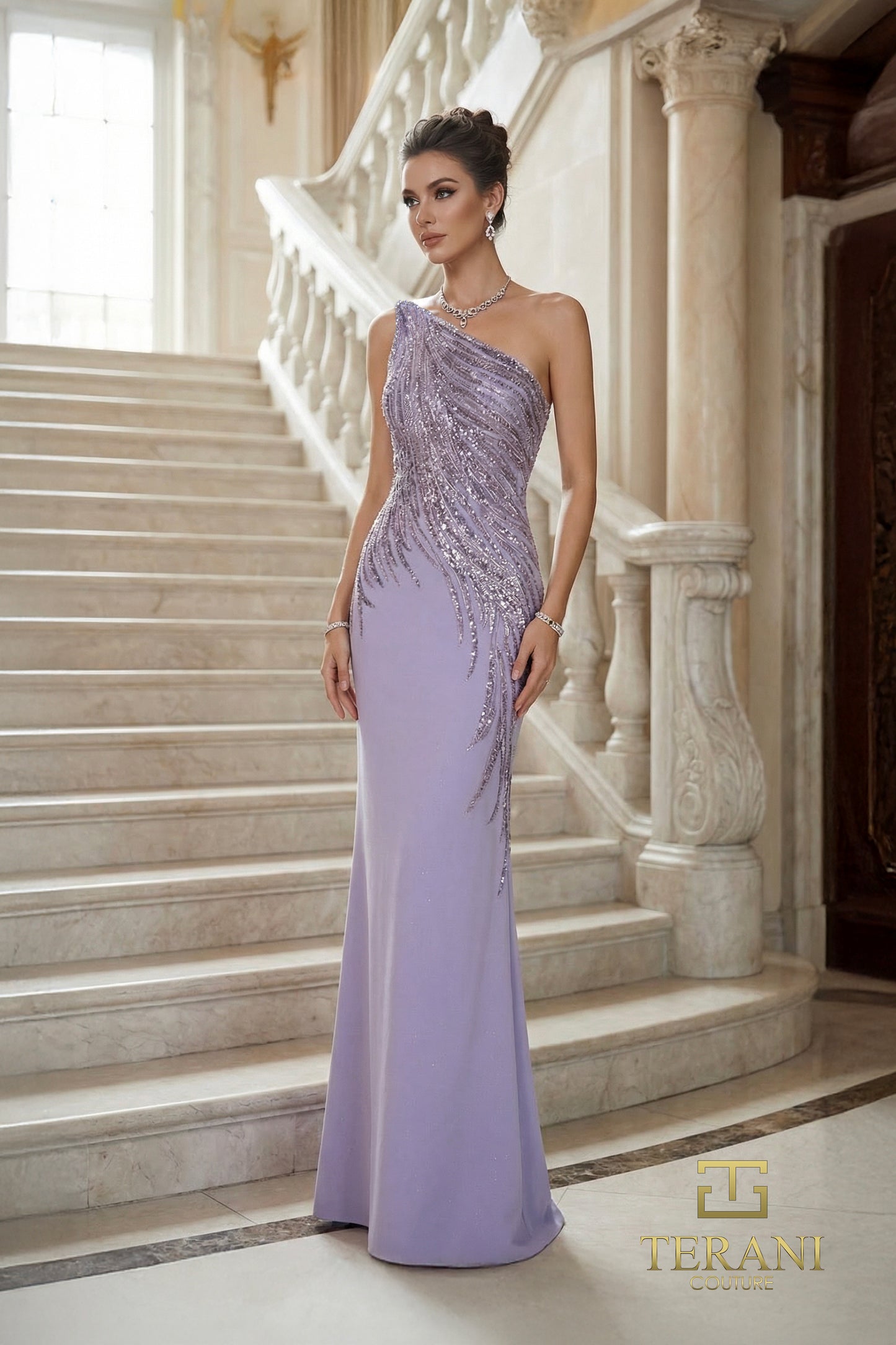 Terani Couture 262E7354 Pink Asymmetrical Sequin Vine Evening Sheath Gown
