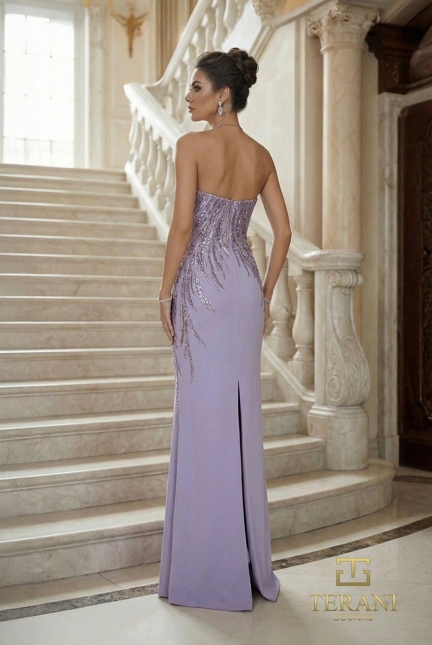 Terani Couture 262E7354 Pink Asymmetrical Sequin Vine Evening Sheath Gown