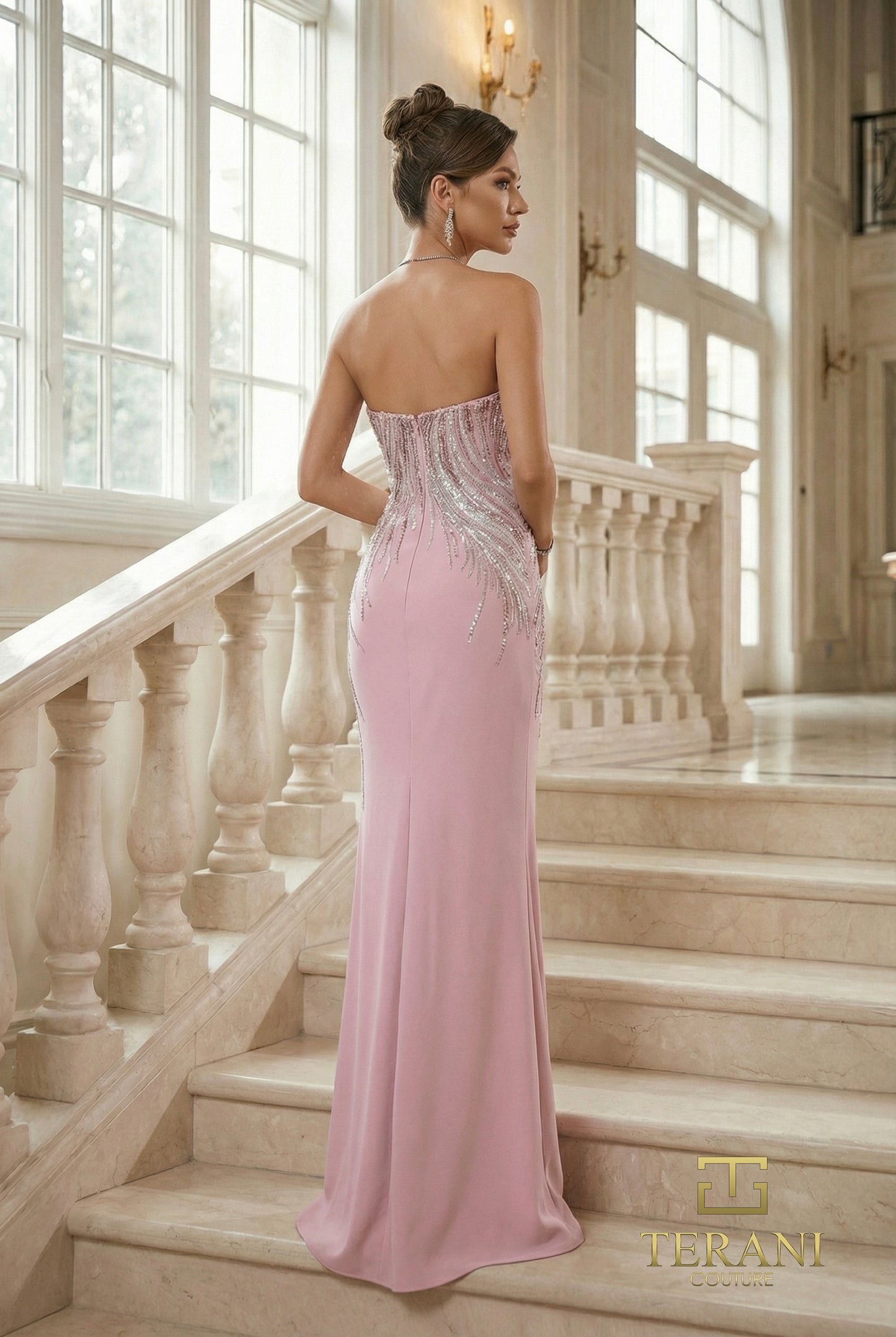 Terani Couture 262E7354 Pink Asymmetrical Sequin Vine Evening Sheath Gown