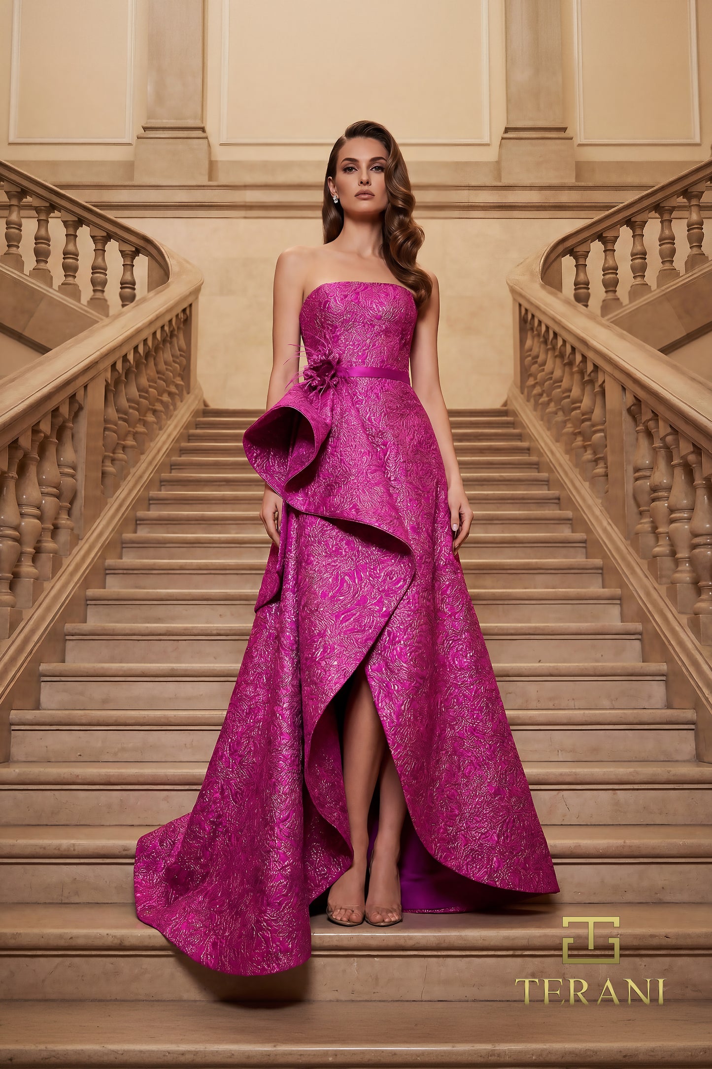 Terani Couture 262E7355 Fuchsia Strapless High-Low Metallic Jacquard Evening Gown