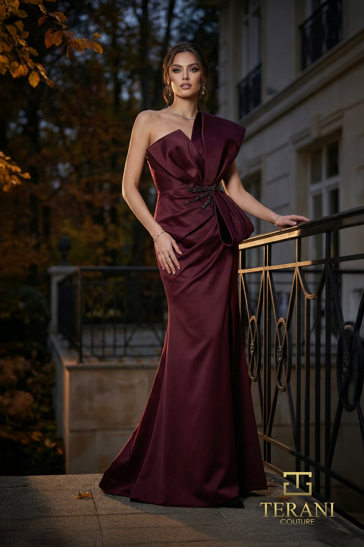 Terani Couture 262E7358 Wine Asymmetrical Architectural Draped Matte Satin Sheath Gown