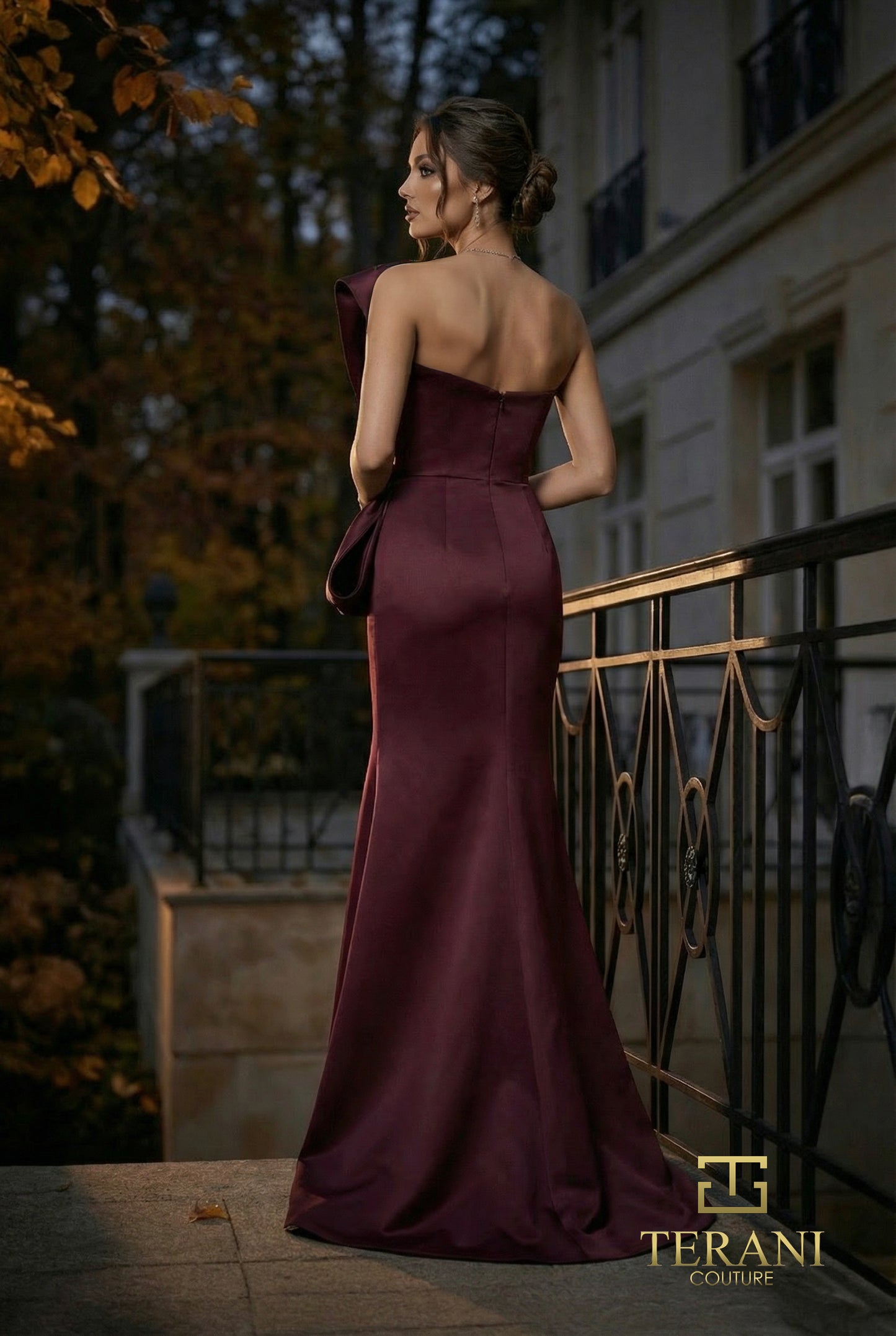 Terani Couture 262E7358 Wine Asymmetrical Architectural Draped Matte Satin Sheath Gown
