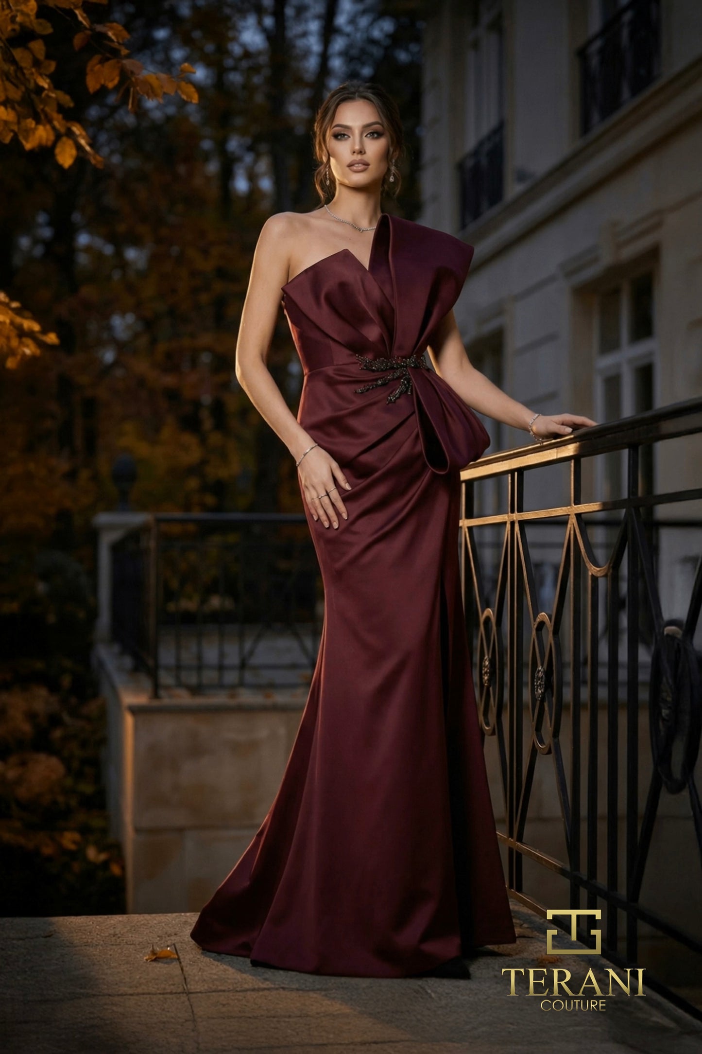 Terani Couture 262E7358 Wine Asymmetrical Architectural Draped Matte Satin Sheath Gown