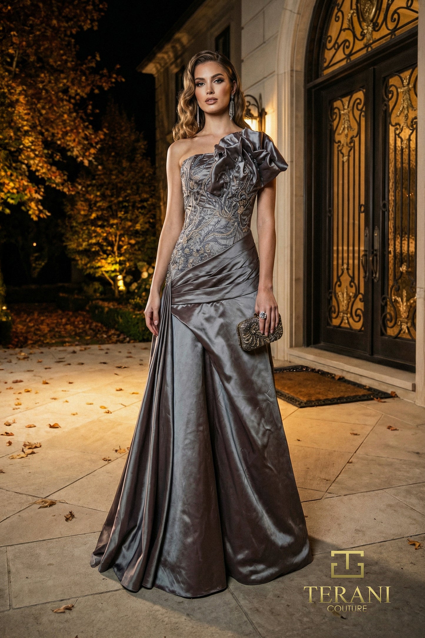 Terani Couture 262E7530 One-Shoulder Taffeta and Lace Ballgown with Asymmetrical Draping