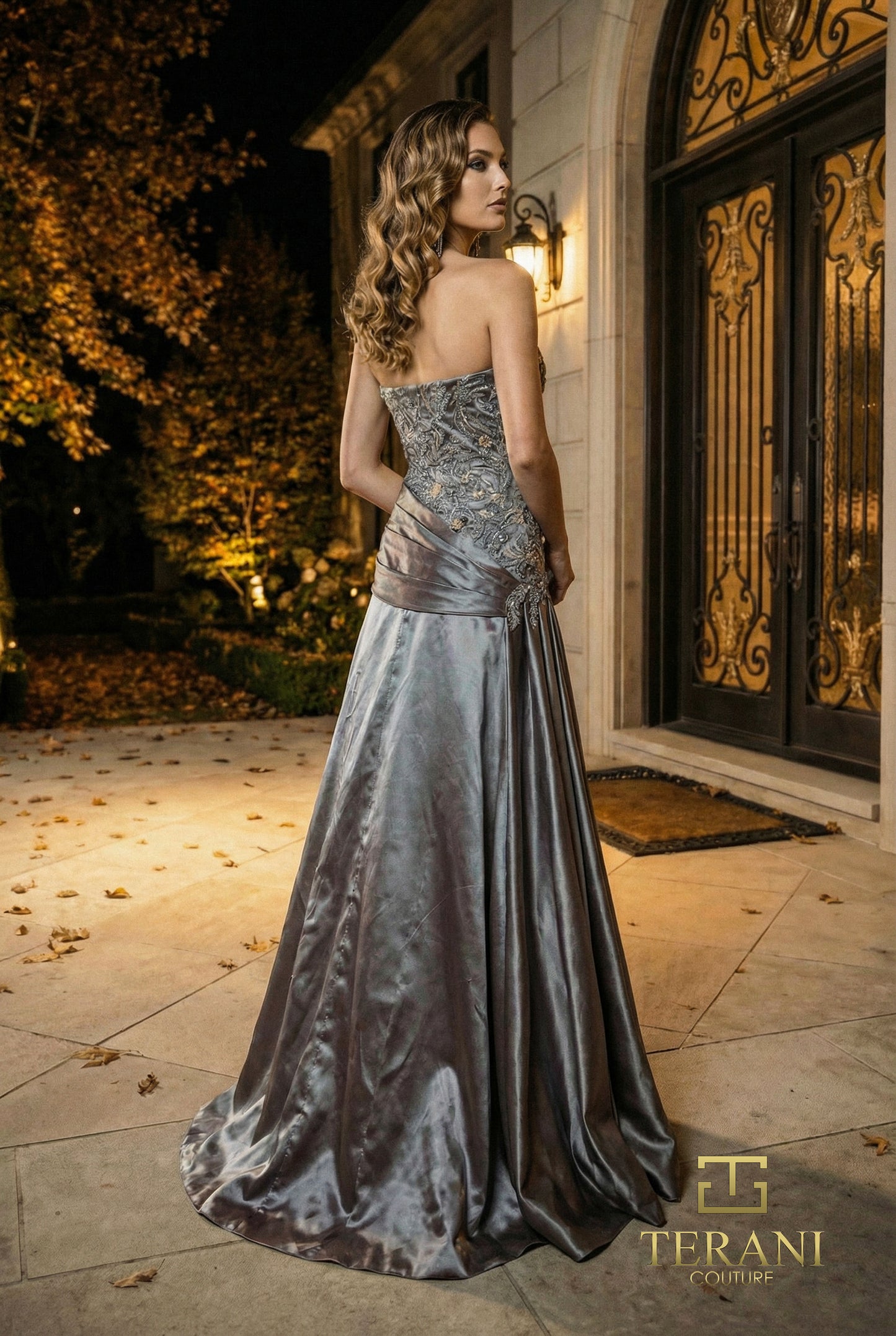 Terani Couture 262E7530 One-Shoulder Taffeta and Lace Ballgown with Asymmetrical Draping