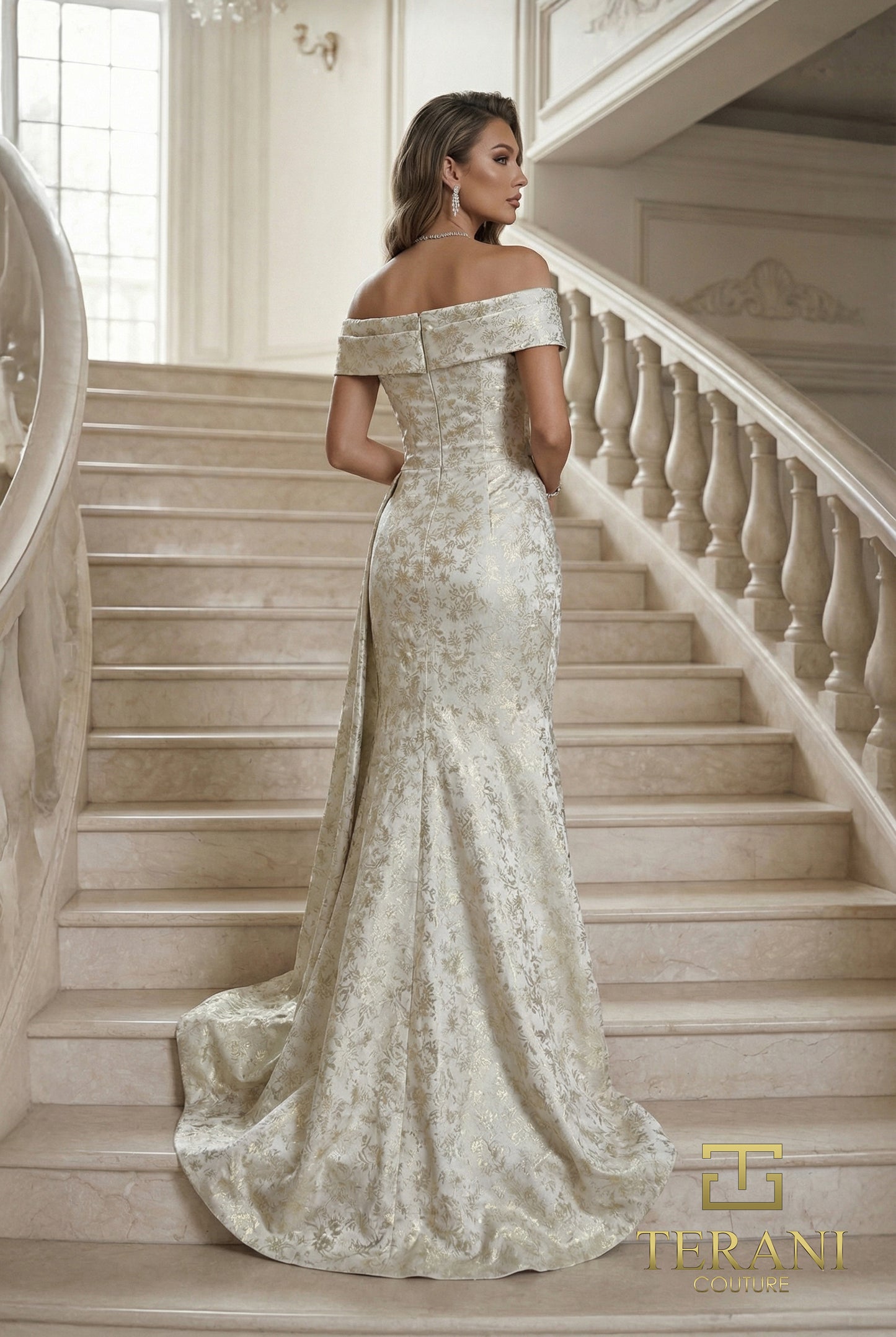 Terani Couture 262E7537 Gold Textured Brocade Off-the-Shoulder Sweetheart Gown with Side Drape