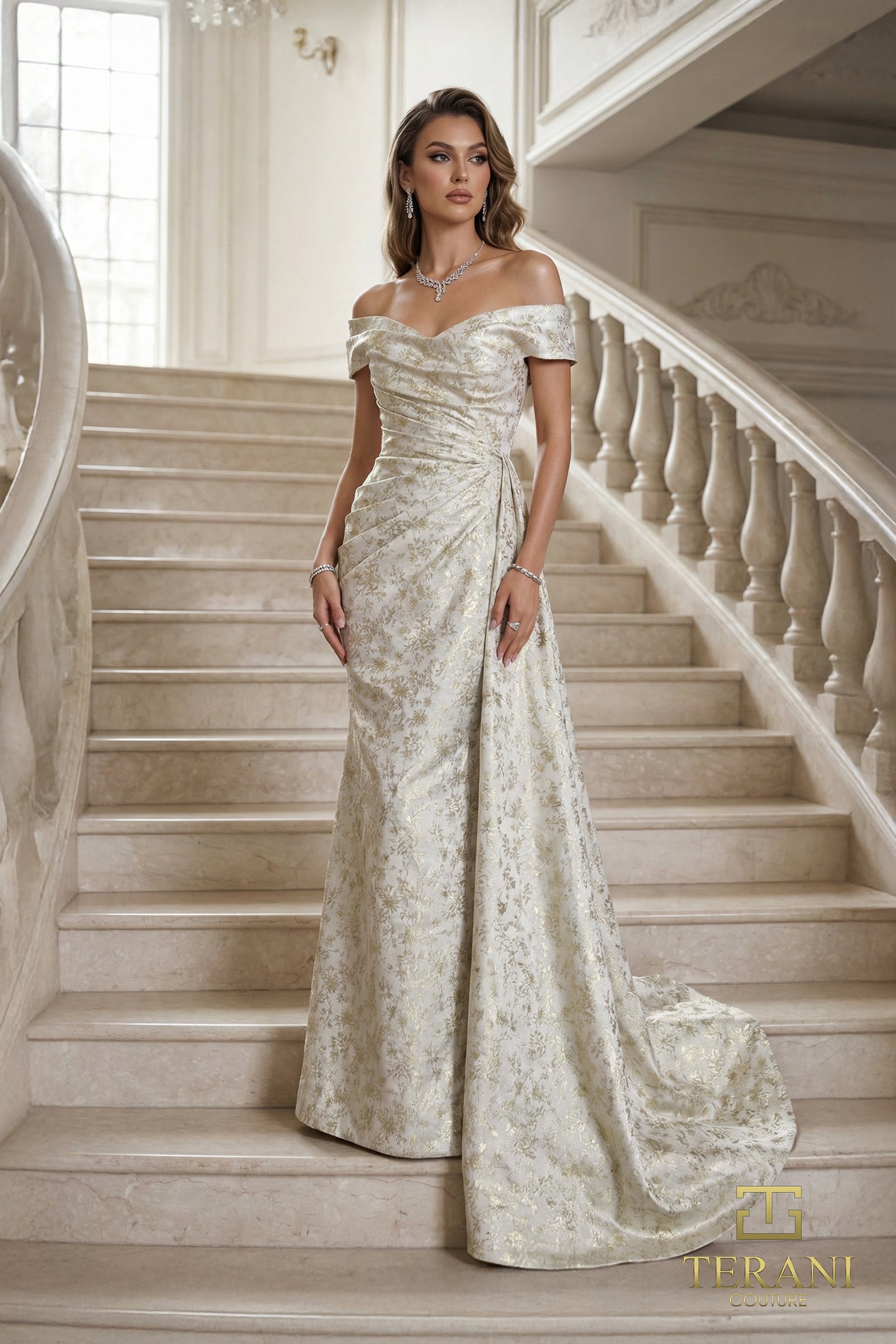 Terani Couture 262E7537 Gold Textured Brocade Off-the-Shoulder Sweetheart Gown with Side Drape
