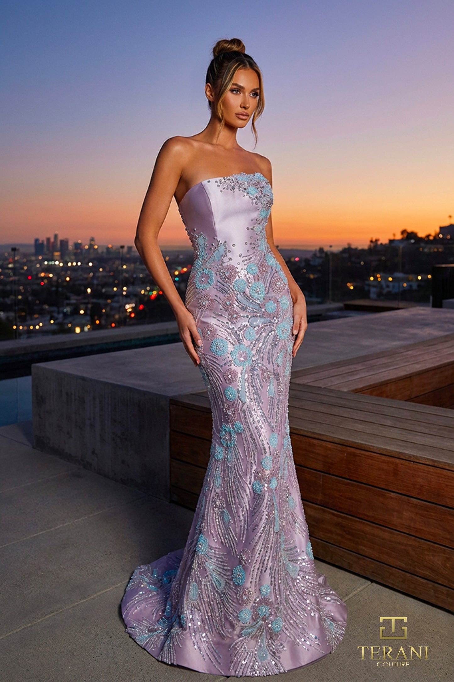 Terani Couture 262E7542 Purple Strapless Floral Beaded Mikado Evening Gown