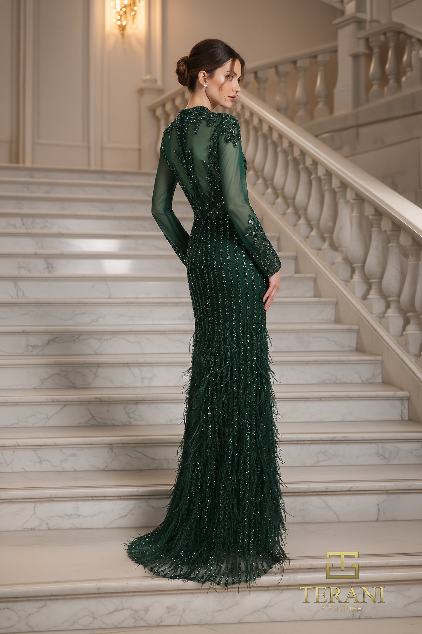 Terani Couture 262GL7162 Green High Neck Illusion Beaded Pageant Gown with Feather Hem