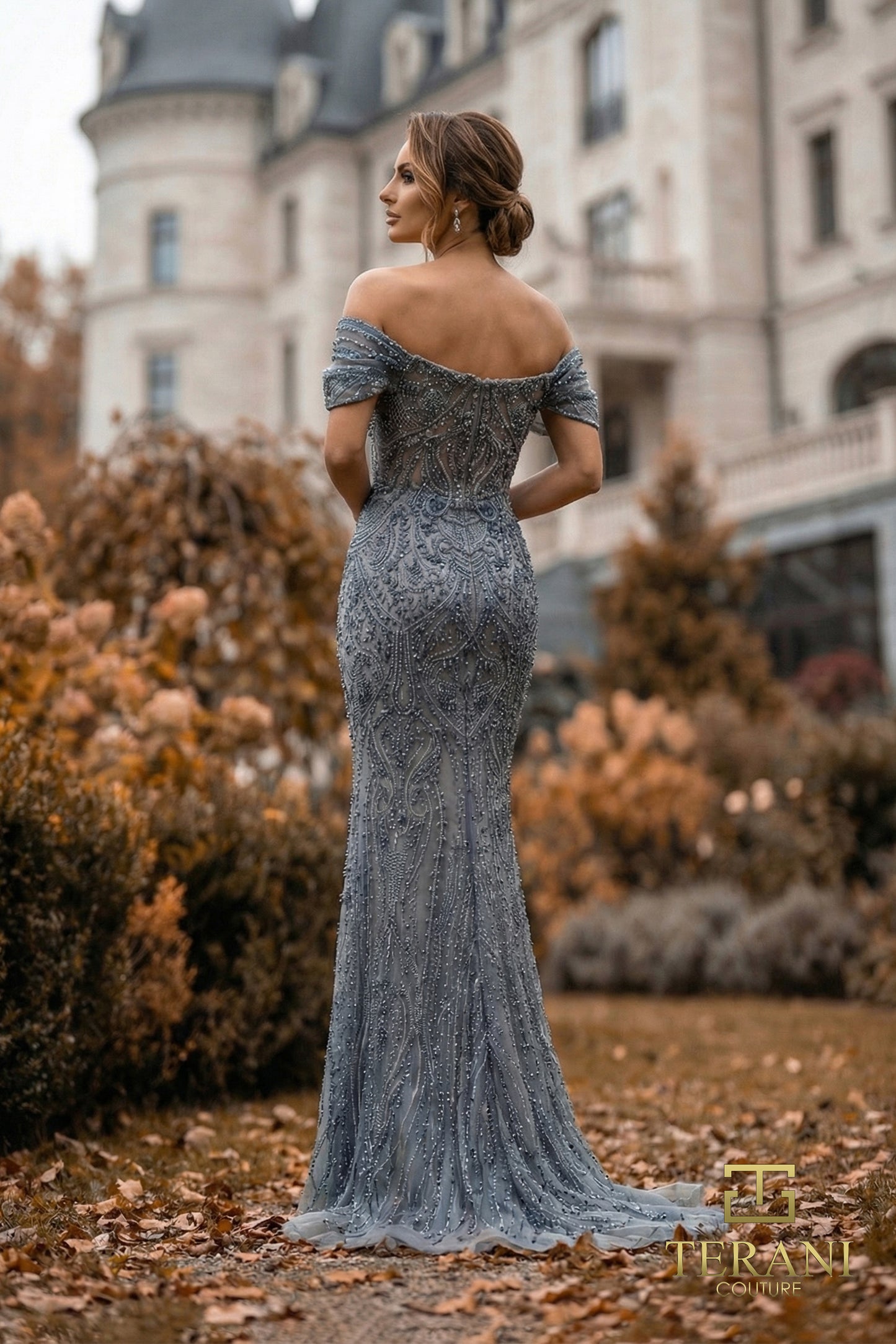 Terani Couture 262GL7169 Silver Off-Shoulder Long Pageant Sheath Gown
