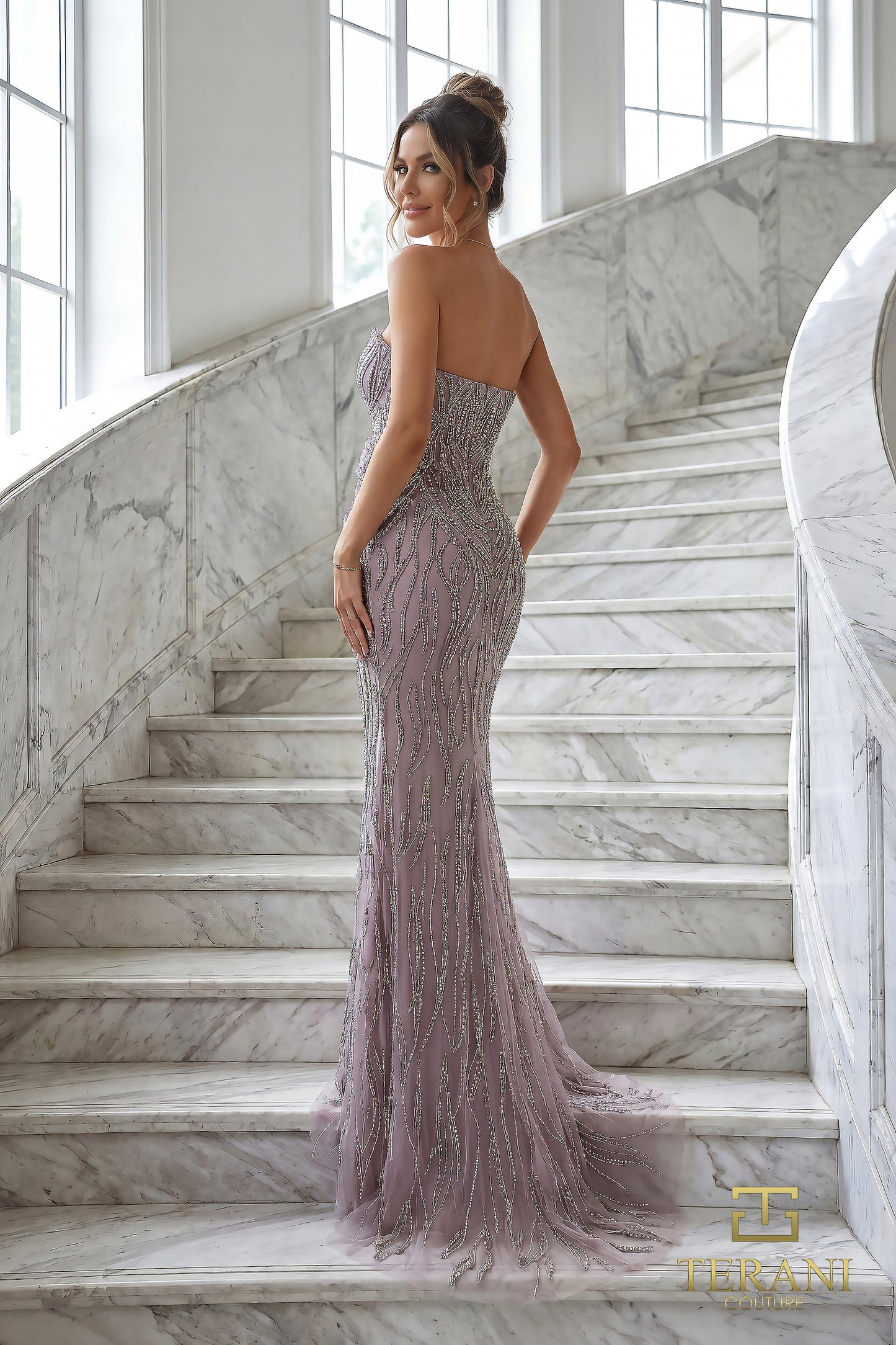 Terani Couture 262GL7180 Lilac Strapless Sculpted Floral Beaded Pageant Gown