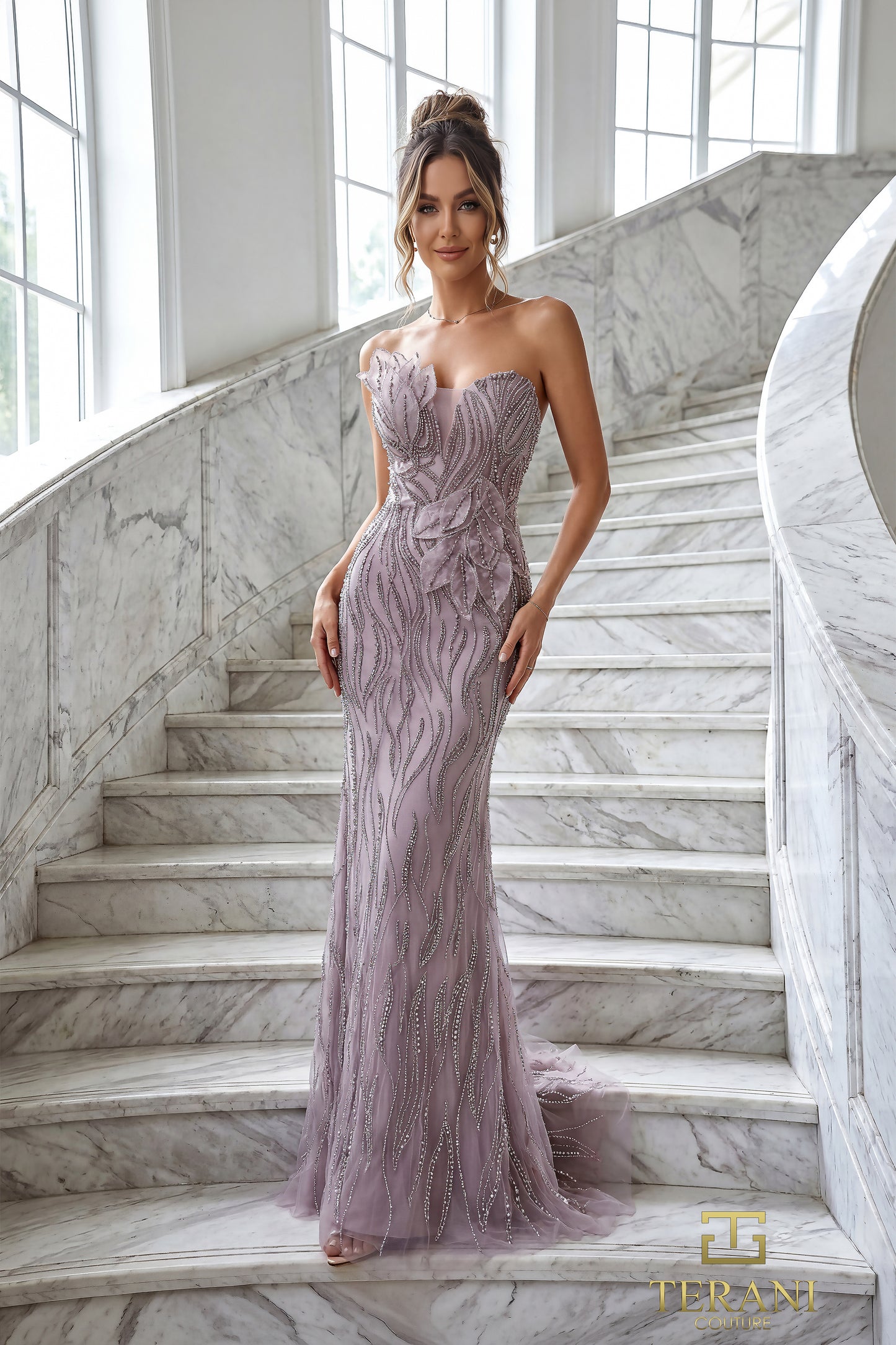 Terani Couture 262GL7180 Lilac Strapless Sculpted Floral Beaded Pageant Gown