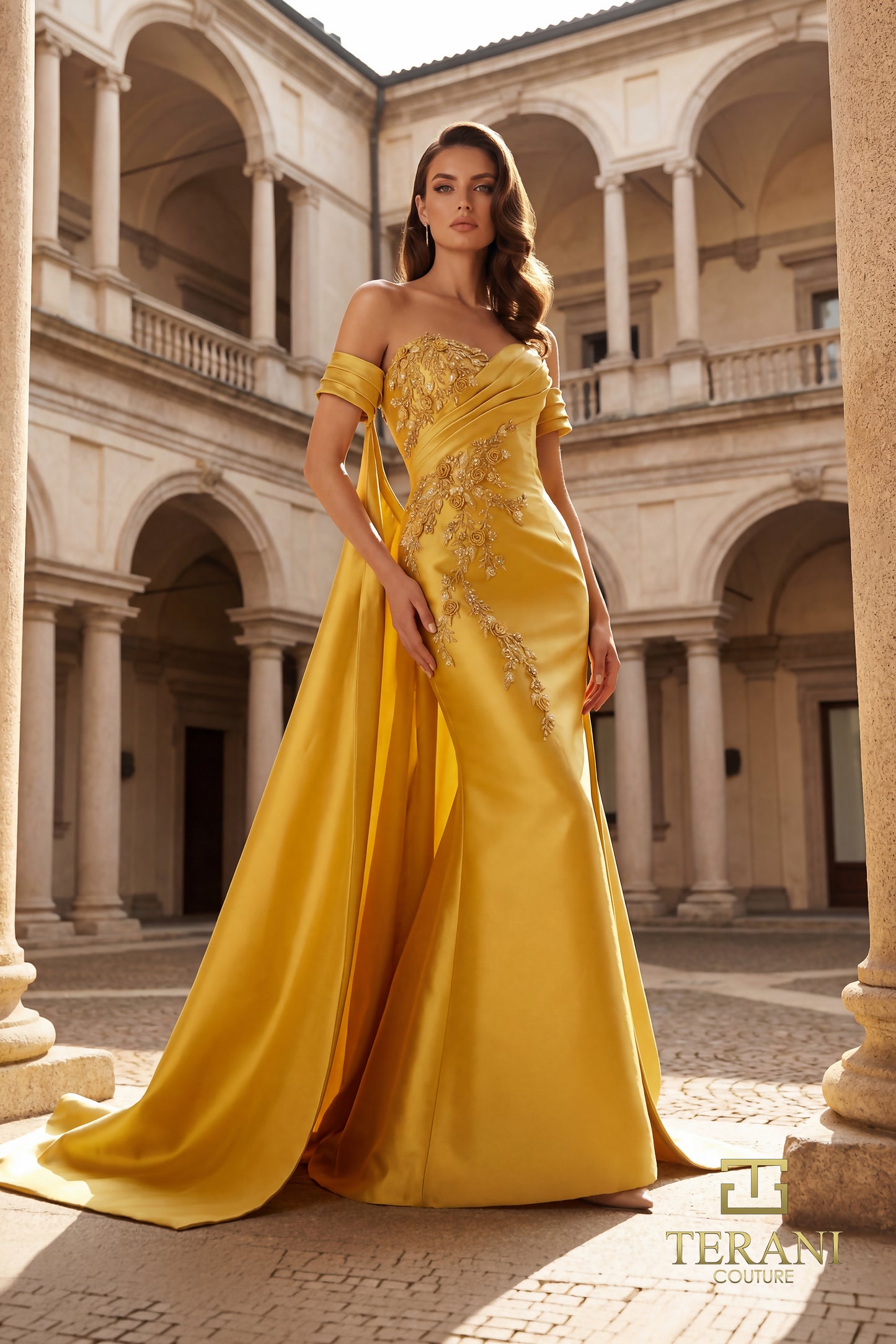 Terani Couture 262M7252 Gold Off-Shoulder Embroidered Mikado Gown with Scrolled Overskirt