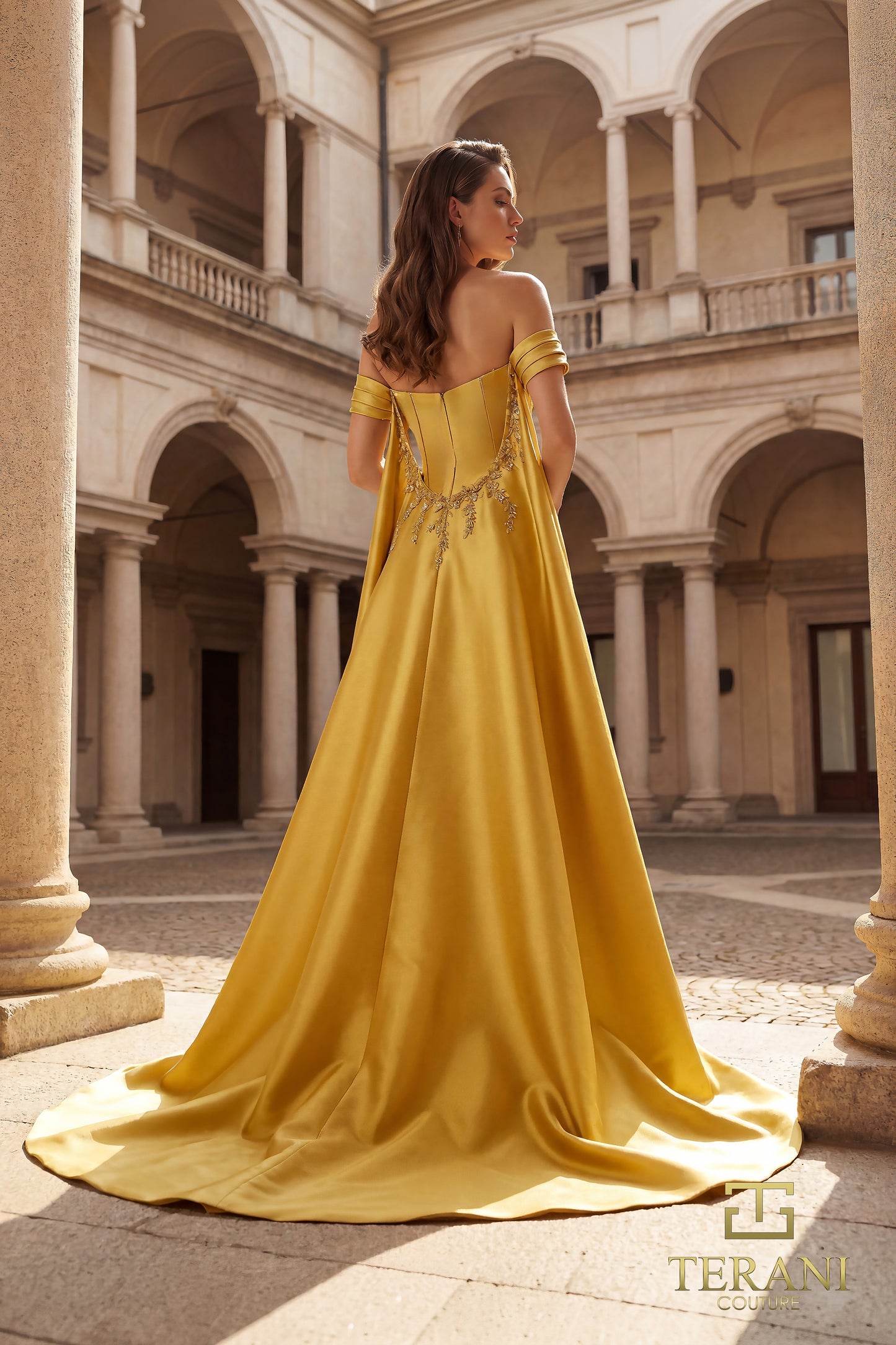 Terani Couture 262M7252 Gold Off-Shoulder Embroidered Mikado Gown with Scrolled Overskirt