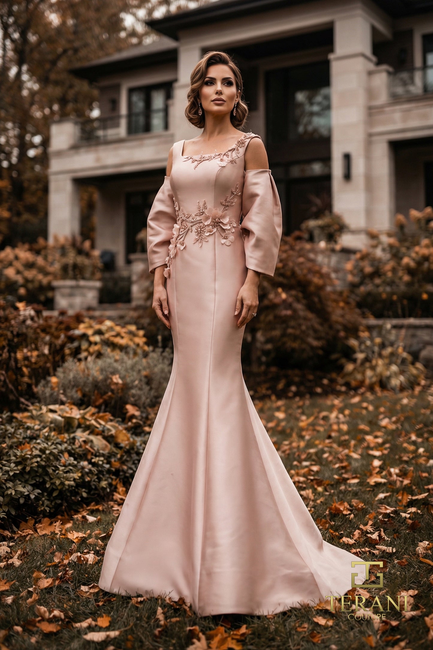 Terani Couture 262M7253 Pink Square-Neck Cold-Shoulder Puff Sleeve Stretch Mikado Trumpet Gown with Back Bow