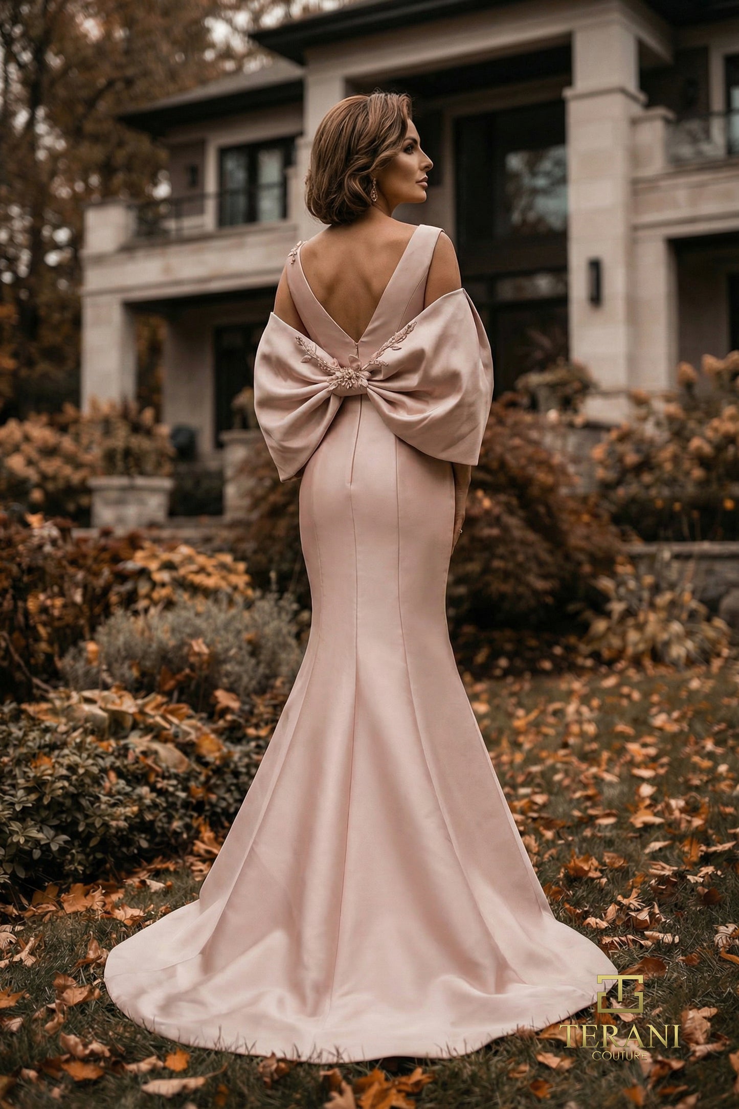 Terani Couture 262M7253 Pink Square-Neck Cold-Shoulder Puff Sleeve Stretch Mikado Trumpet Gown with Back Bow
