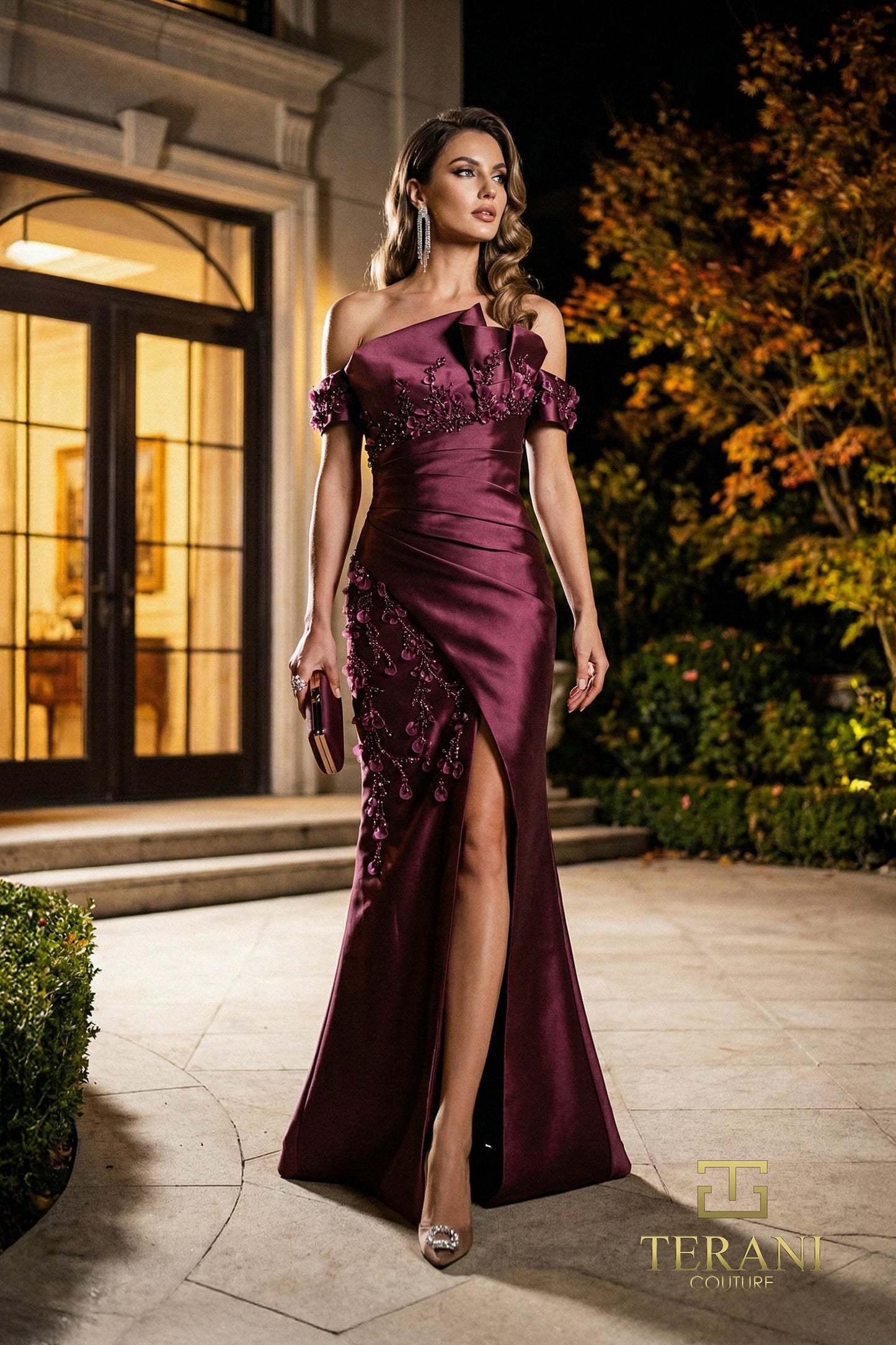 Terani Couture 262M7254 Wine Asymmetrical Off-Shoulder 3D Floral Mikado Column Gown with Slit