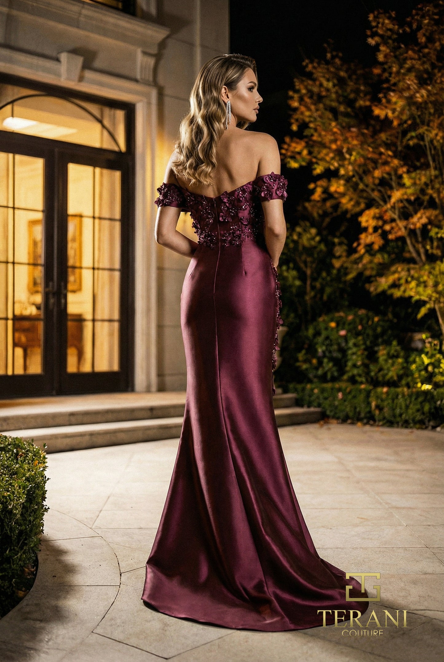Terani Couture 262M7254 Wine Asymmetrical Off-Shoulder 3D Floral Mikado Column Gown with Slit
