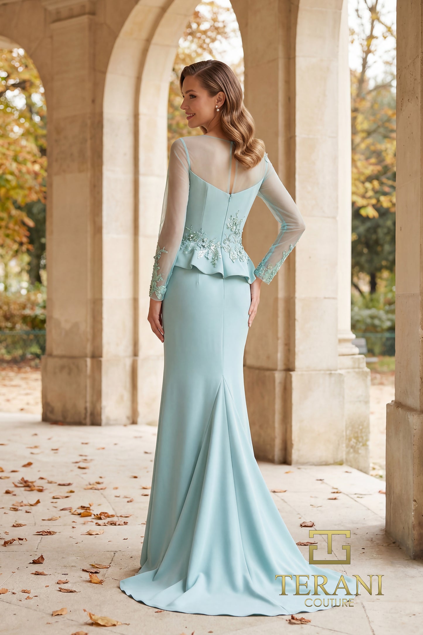 Terani Couture 262M7257 Pink Illusion Bateau Neckline Beaded Peplum Stretch Twill Trumpet Gown