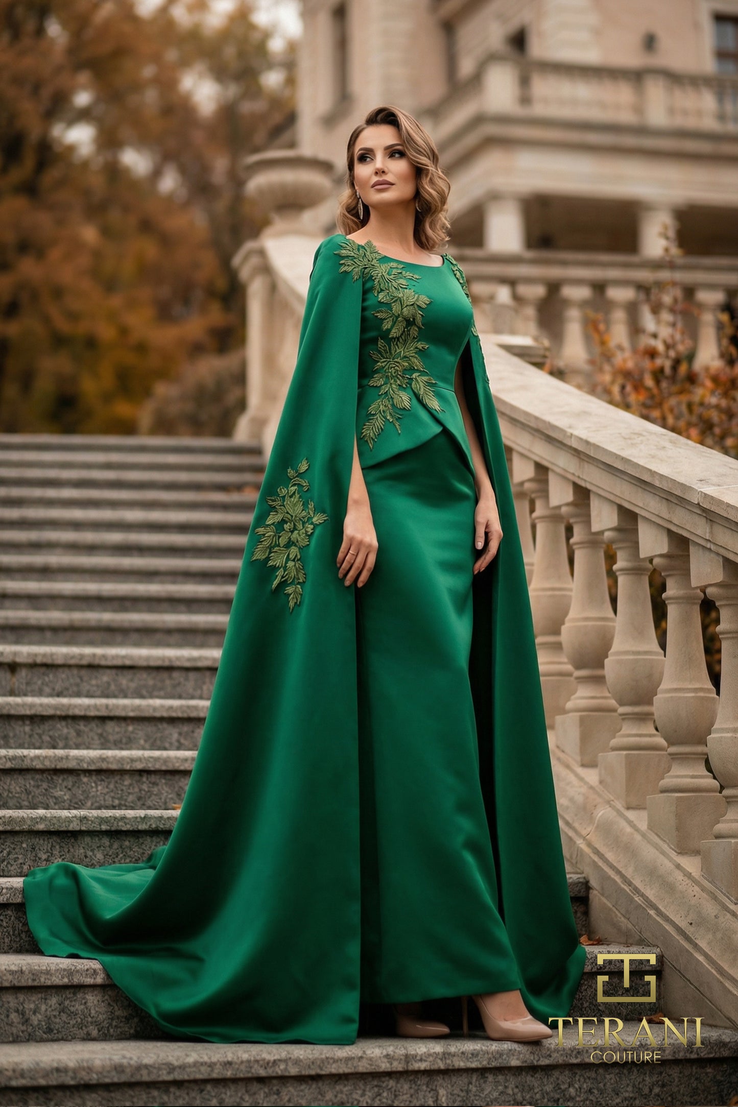 Terani Couture 262M7260 Green Boat Neck Gold Embroidered Matte Satin Sheath Mother of the Bride Gown with Full-Length Cape