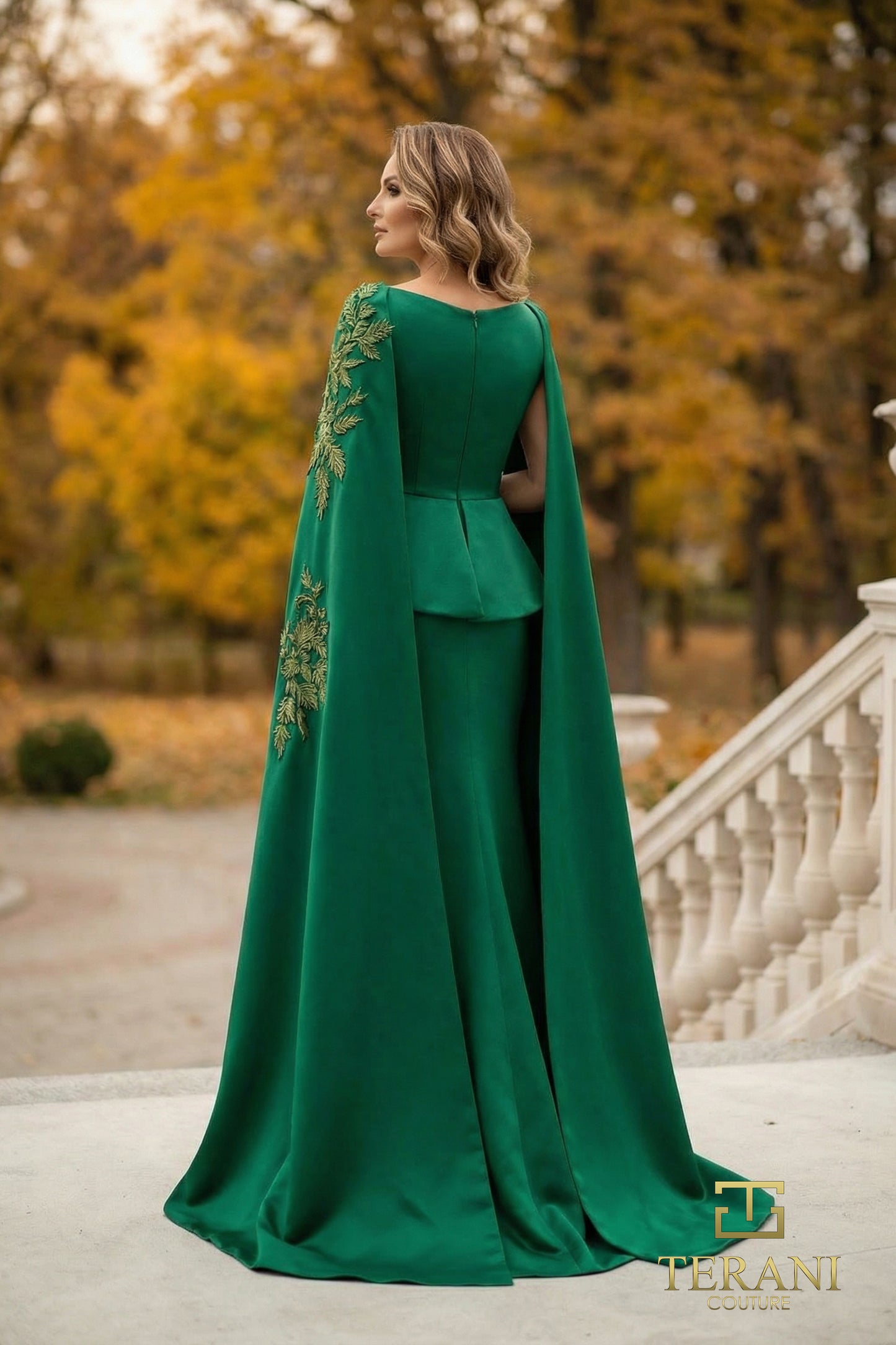 Terani Couture 262M7260 Green Boat Neck Gold Embroidered Matte Satin Sheath Mother of the Bride Gown with Full-Length Cape