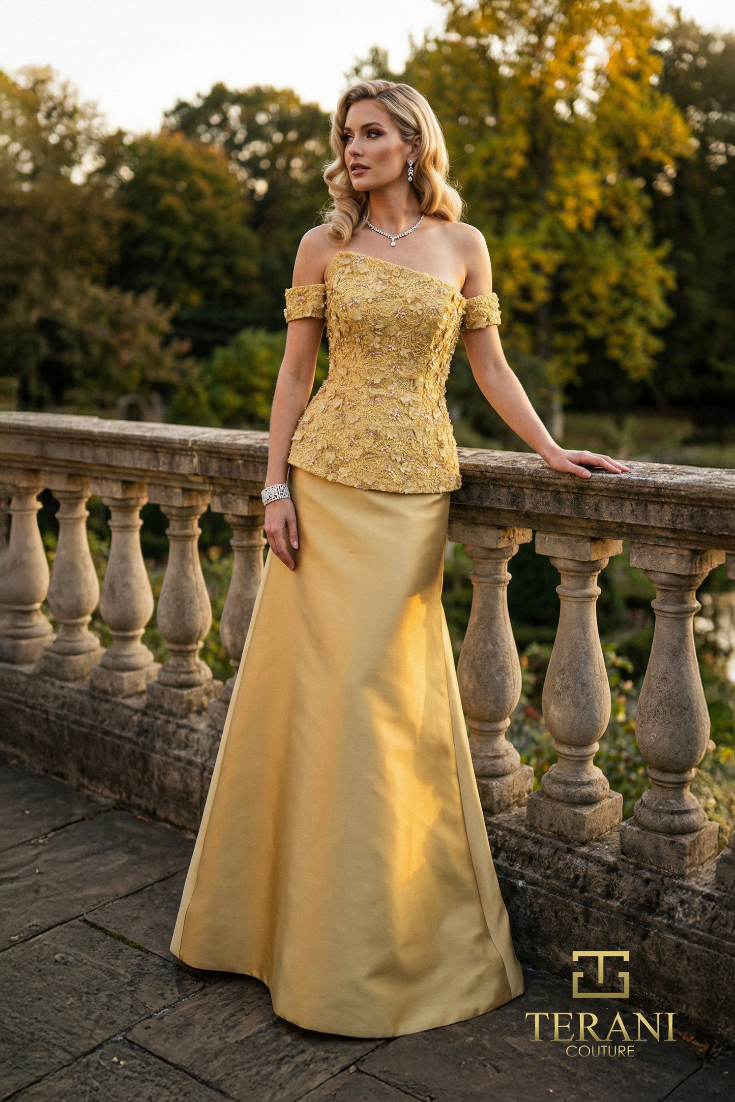 Terani Couture 262M7270 Gold Off-the-Shoulder Mikado Two-Piece Gown with Embellished Peplum