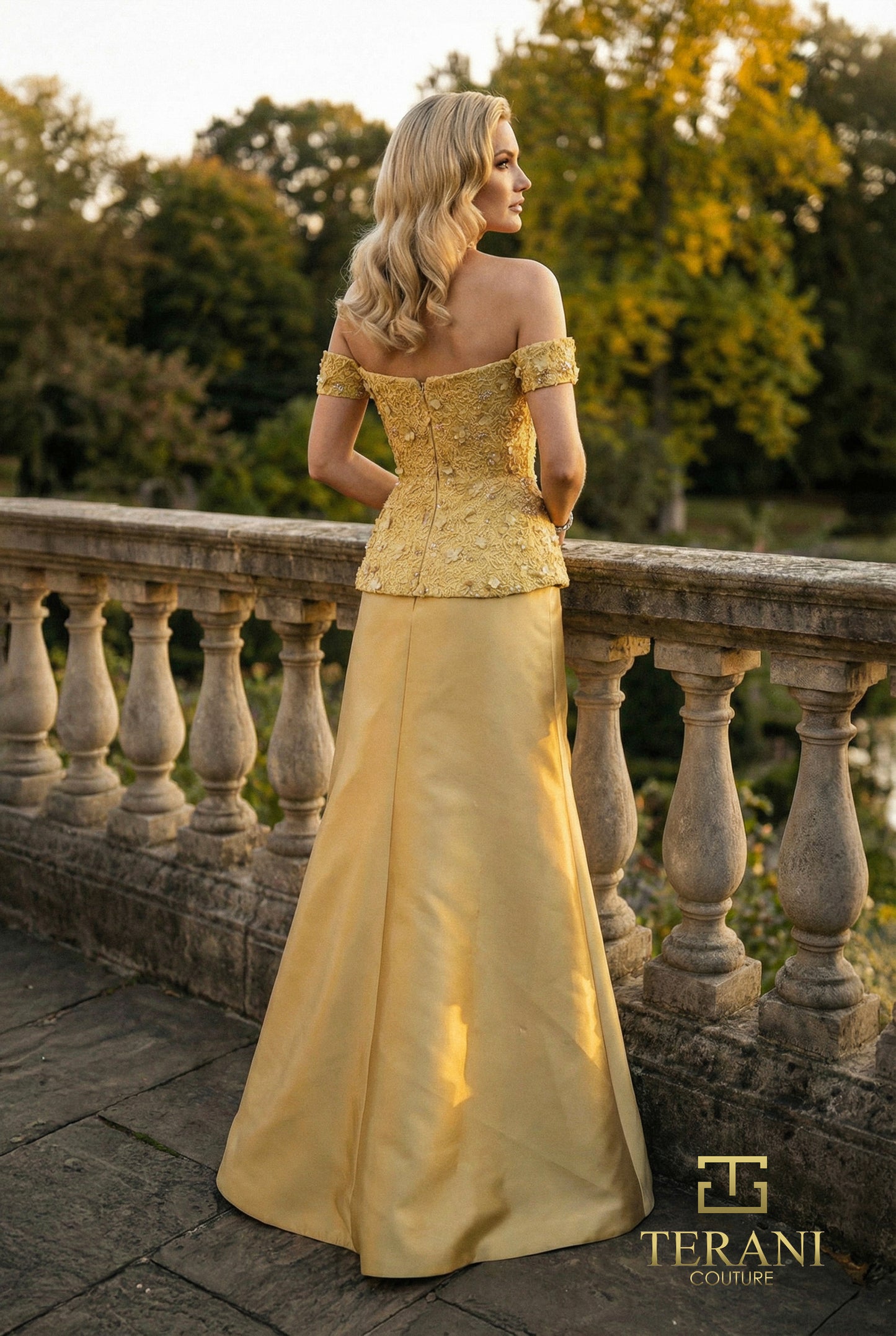 Terani Couture 262M7270 Gold Off-the-Shoulder Mikado Two-Piece Gown with Embellished Peplum