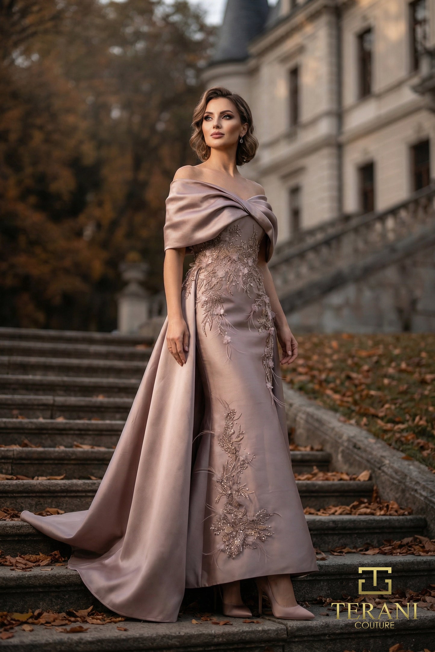 Terani Couture 262M7271 Pink Off-The-Shoulder Embroidered Mikado Trumpet Gown with Detachable-Look Over-Train