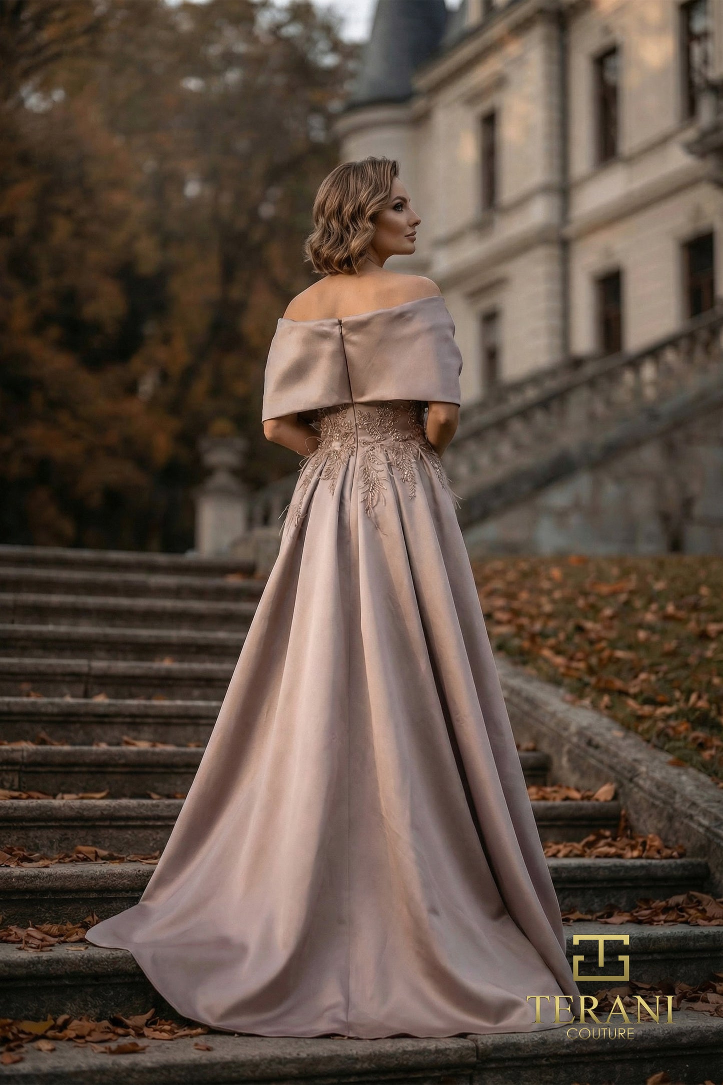 Terani Couture 262M7271 Pink Off-The-Shoulder Embroidered Mikado Trumpet Gown with Detachable-Look Over-Train