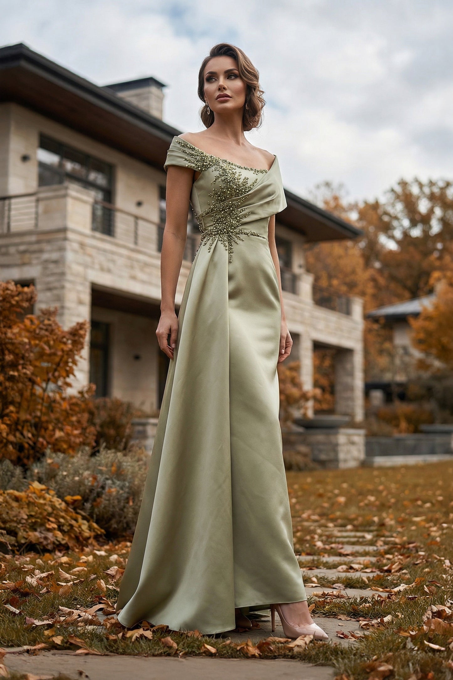 Terani Couture 262M7278 Green Asymmetrical Off-Shoulder Beaded Matte Satin Mother of the Bride Column Gown