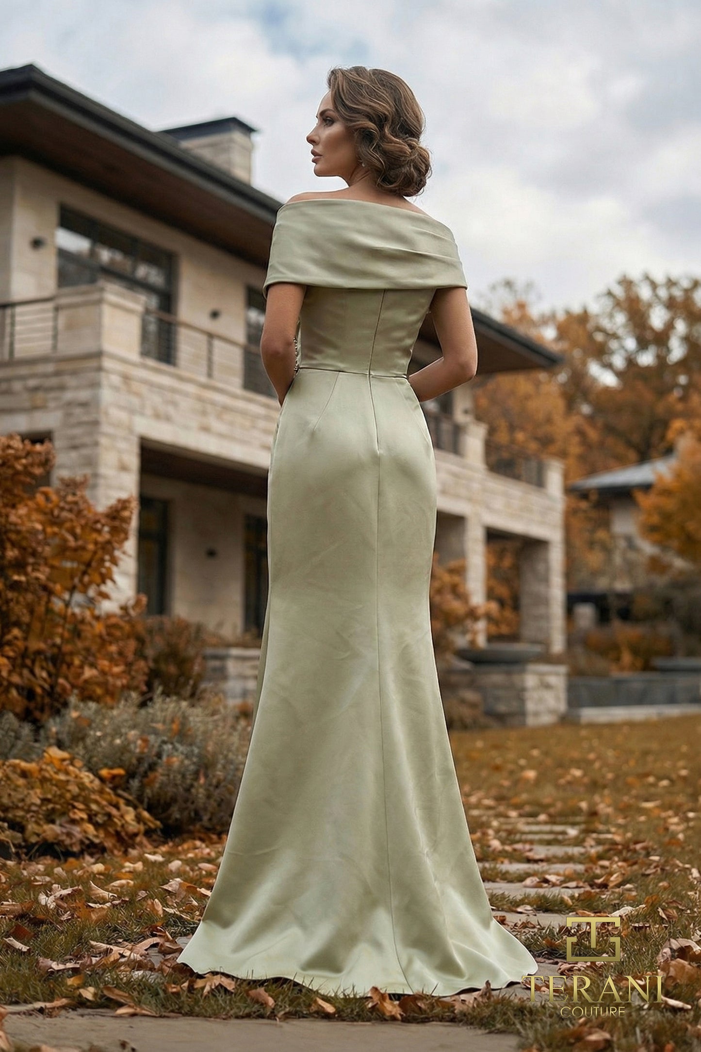 Terani Couture 262M7278 Green Asymmetrical Off-Shoulder Beaded Matte Satin Mother of the Bride Column Gown