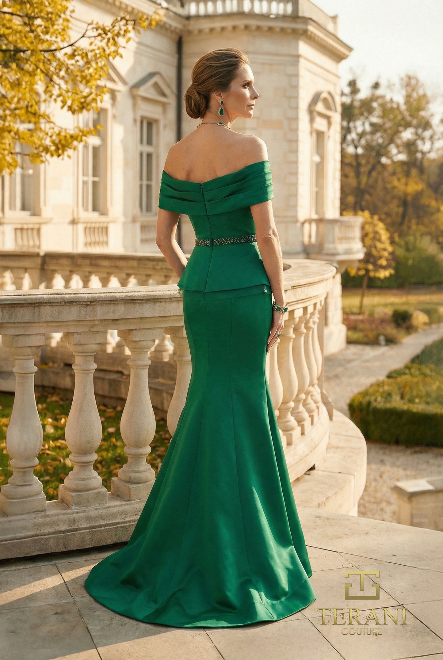 Terani Couture 262M7279 Green Off-The-Shoulder Jeweled-Belt Matte Satin Peplum Trumpet Gown