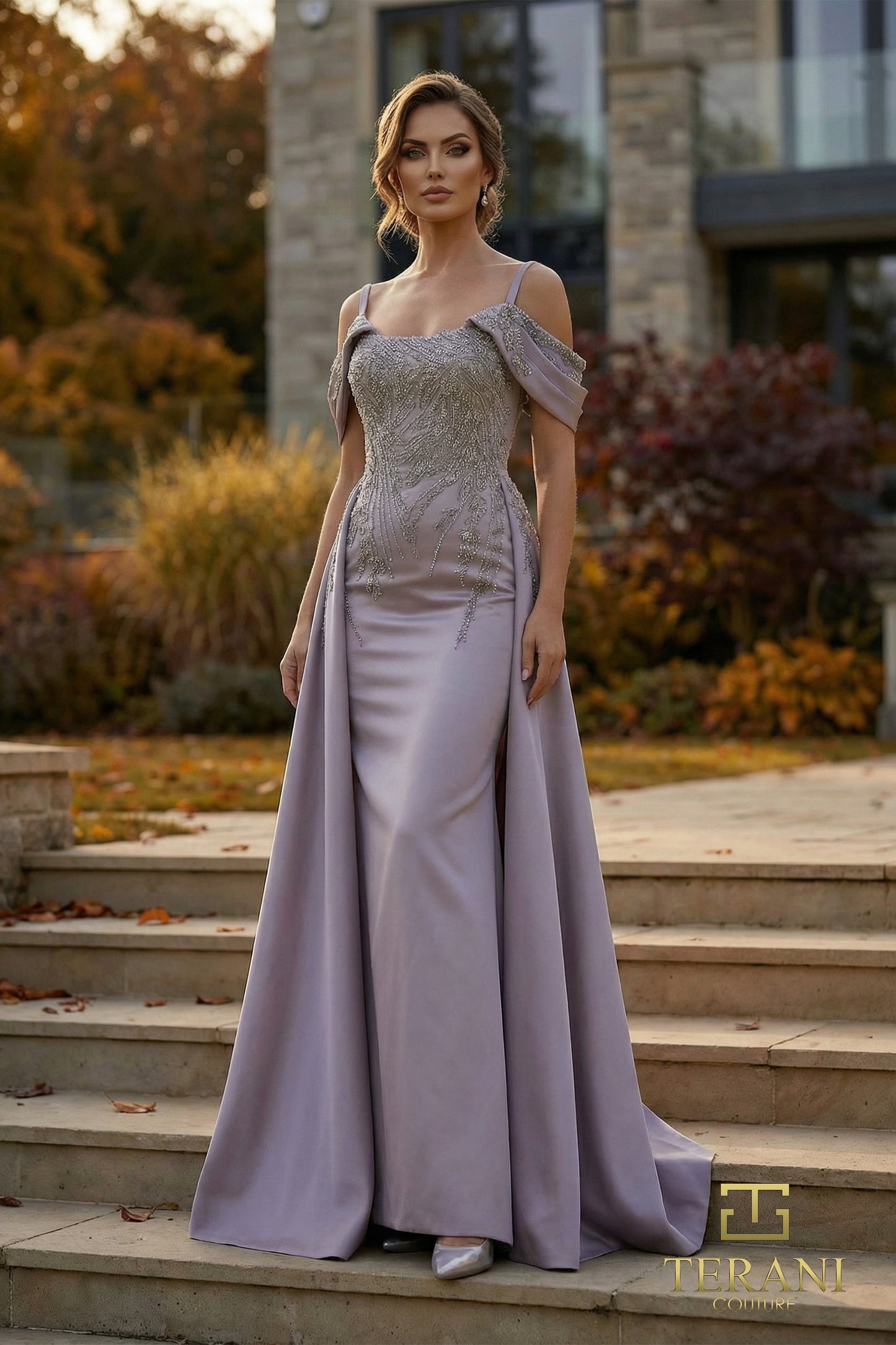 Terani Couture 262M7286 Lavender Cold-Shoulder Beaded Matte Satin Column Gown with Dramatic Overskirt