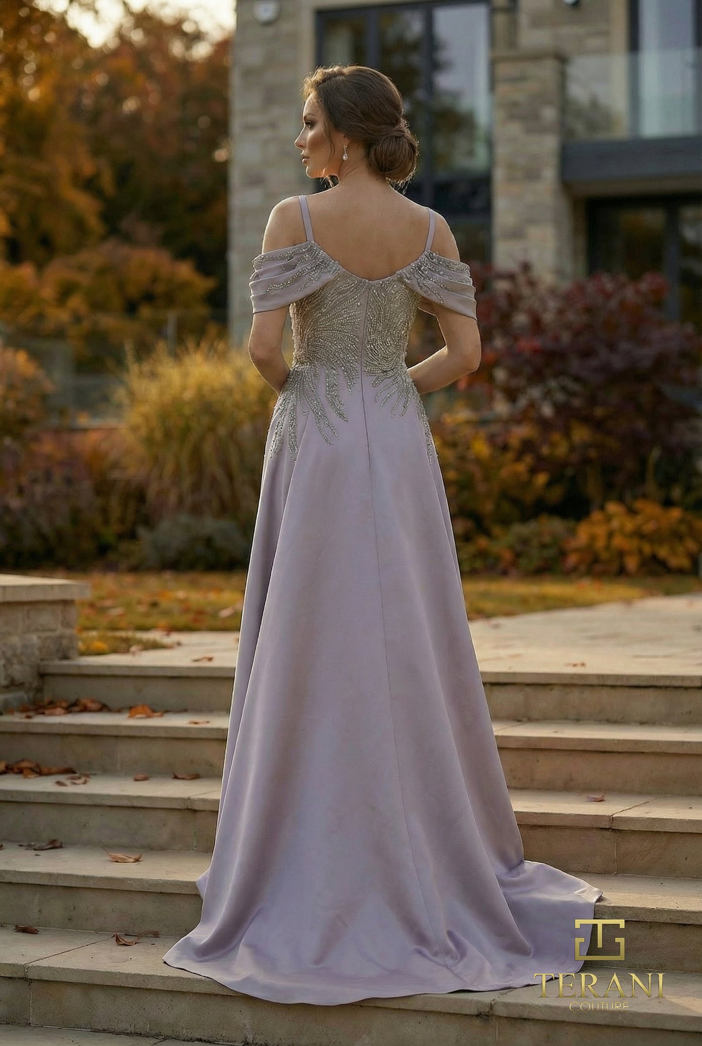 Terani Couture 262M7286 Lavender Cold-Shoulder Beaded Matte Satin Column Gown with Dramatic Overskirt