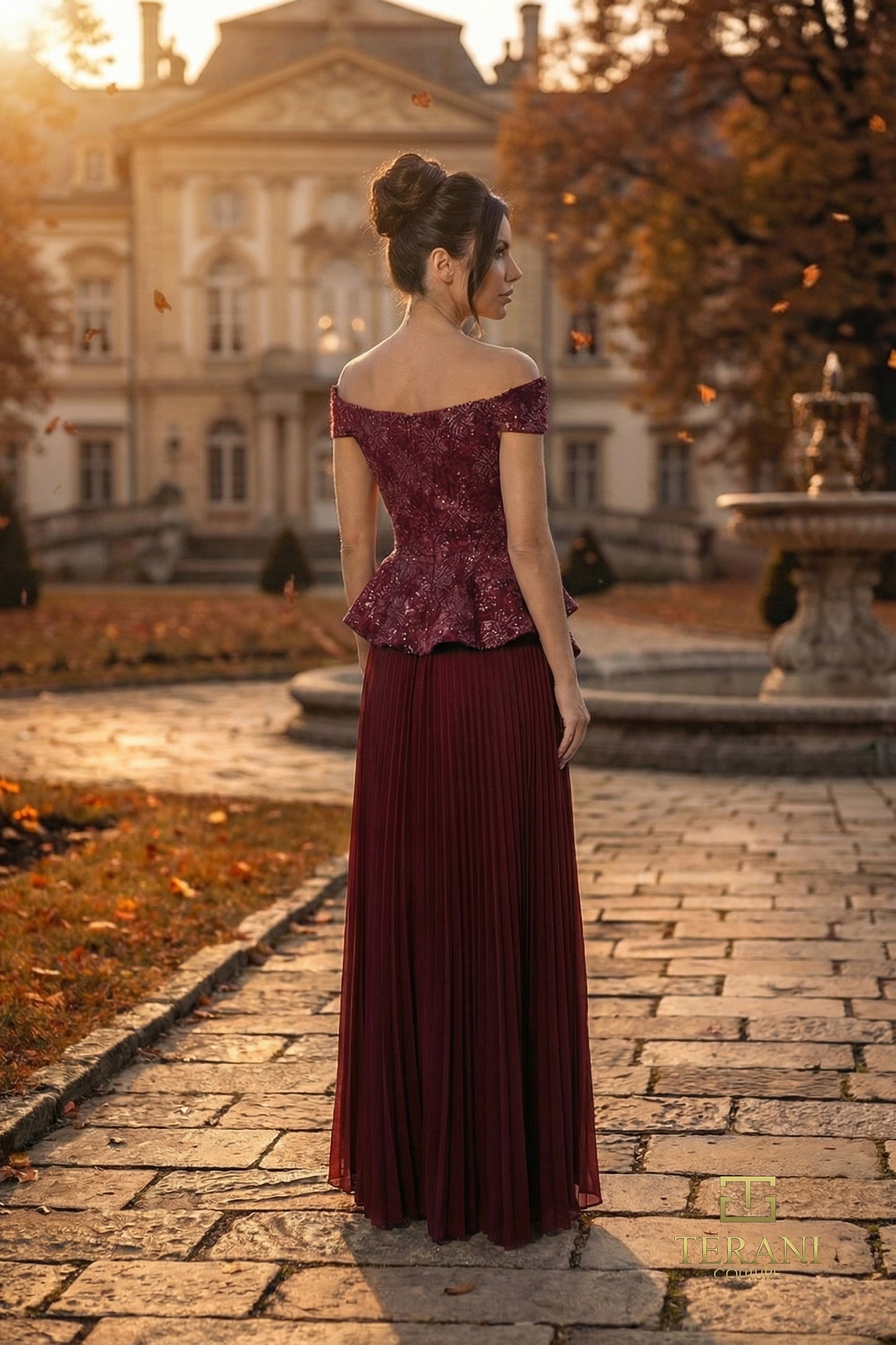 Terani Couture 262M7287 Red Off-Shoulder Sequined Lace & Pleated Chiffon Mock Two-Piece A-Line Mother of the Bride Gown