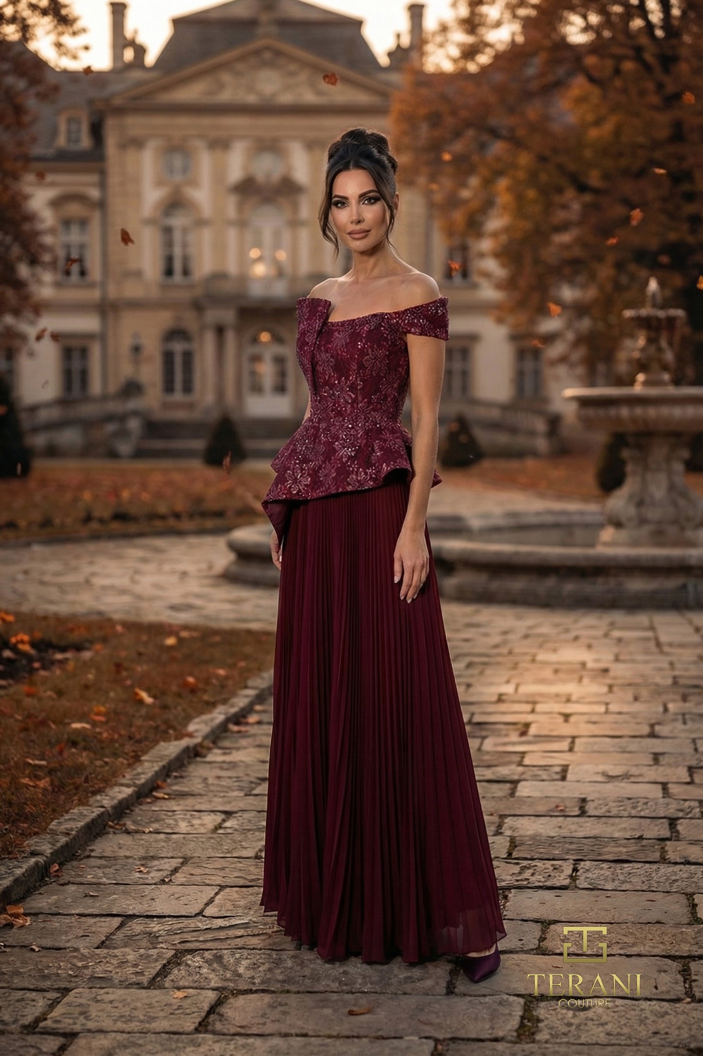 Terani Couture 262M7287 Red Off-Shoulder Sequined Lace & Pleated Chiffon Mock Two-Piece A-Line Mother of the Bride Gown