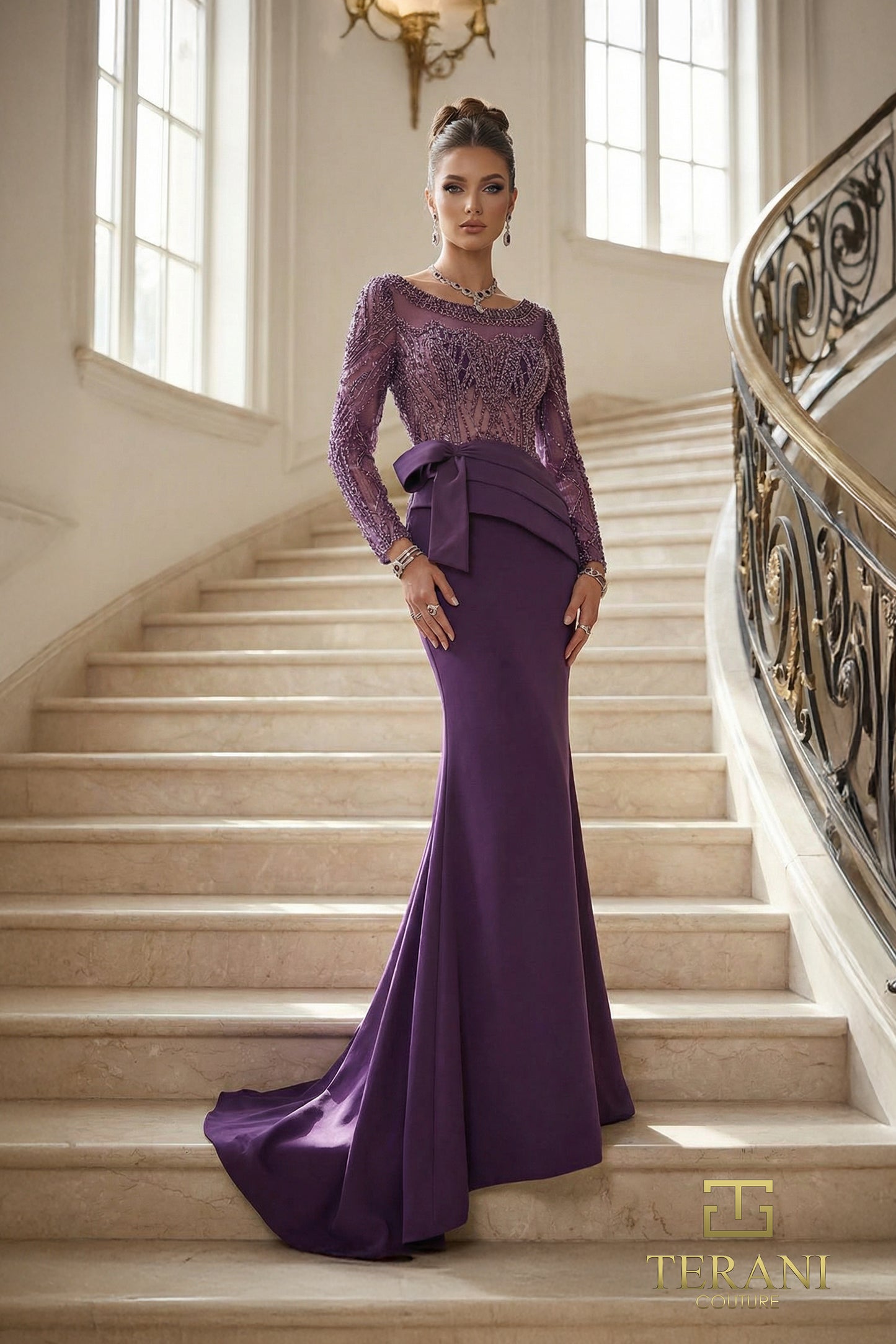Terani Couture 262M7293 Purple Illusion Jewel Neck Beaded Long-Sleeve Stretch Faille Trumpet Mother of the Bride Gown