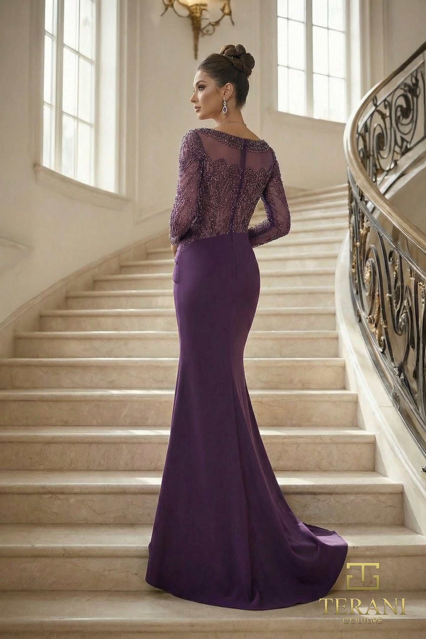 Terani Couture 262M7293 Purple Illusion Jewel Neck Beaded Long-Sleeve Stretch Faille Trumpet Mother of the Bride Gown