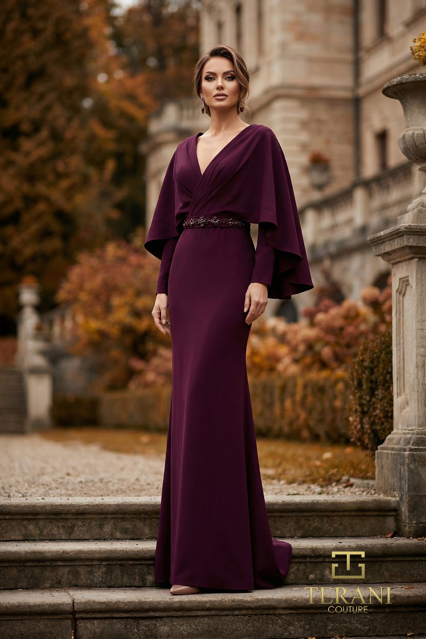 Terani Couture 262M7295 Purple Wrap V-Neck Beaded Waist Slick Crepe Sheath Mother of the Bride Gown with Sculptural Cape