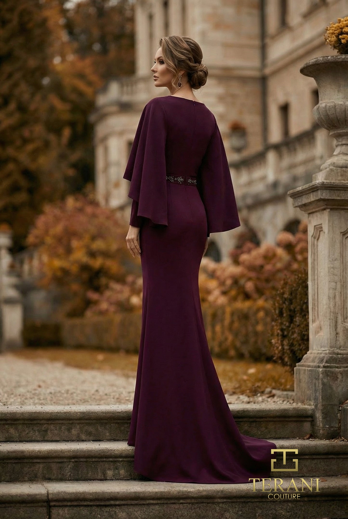 Terani Couture 262M7295 Purple Wrap V-Neck Beaded Waist Slick Crepe Sheath Mother of the Bride Gown with Sculptural Cape