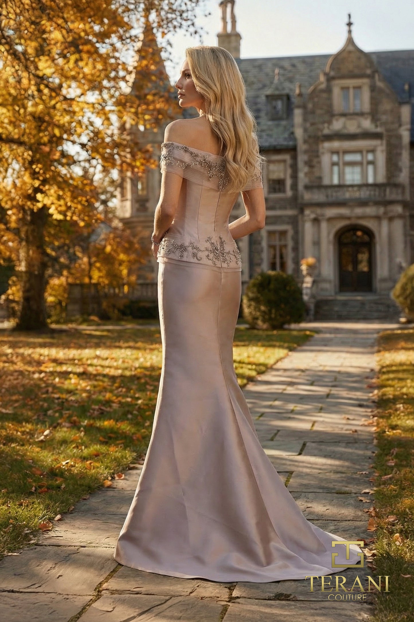 Terani Couture 262M7297 Lavender Asymmetrical Beaded Off-The-Shoulder Mikado Two-Piece Effect Gown