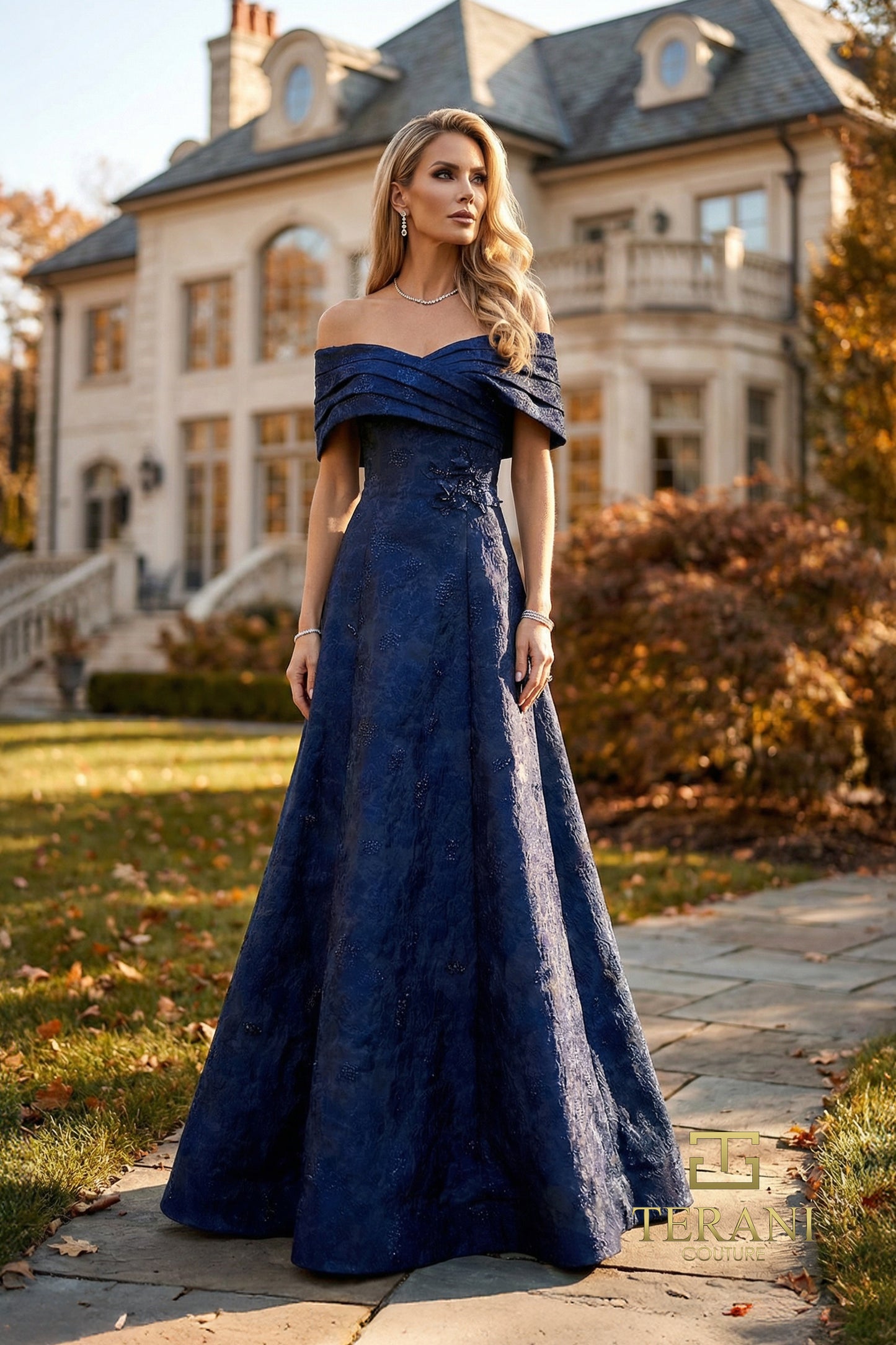 Terani Couture 262M7299 Navy Criss-Cross Portrait Off-the-Shoulder Splatter Jacquard Ballgown