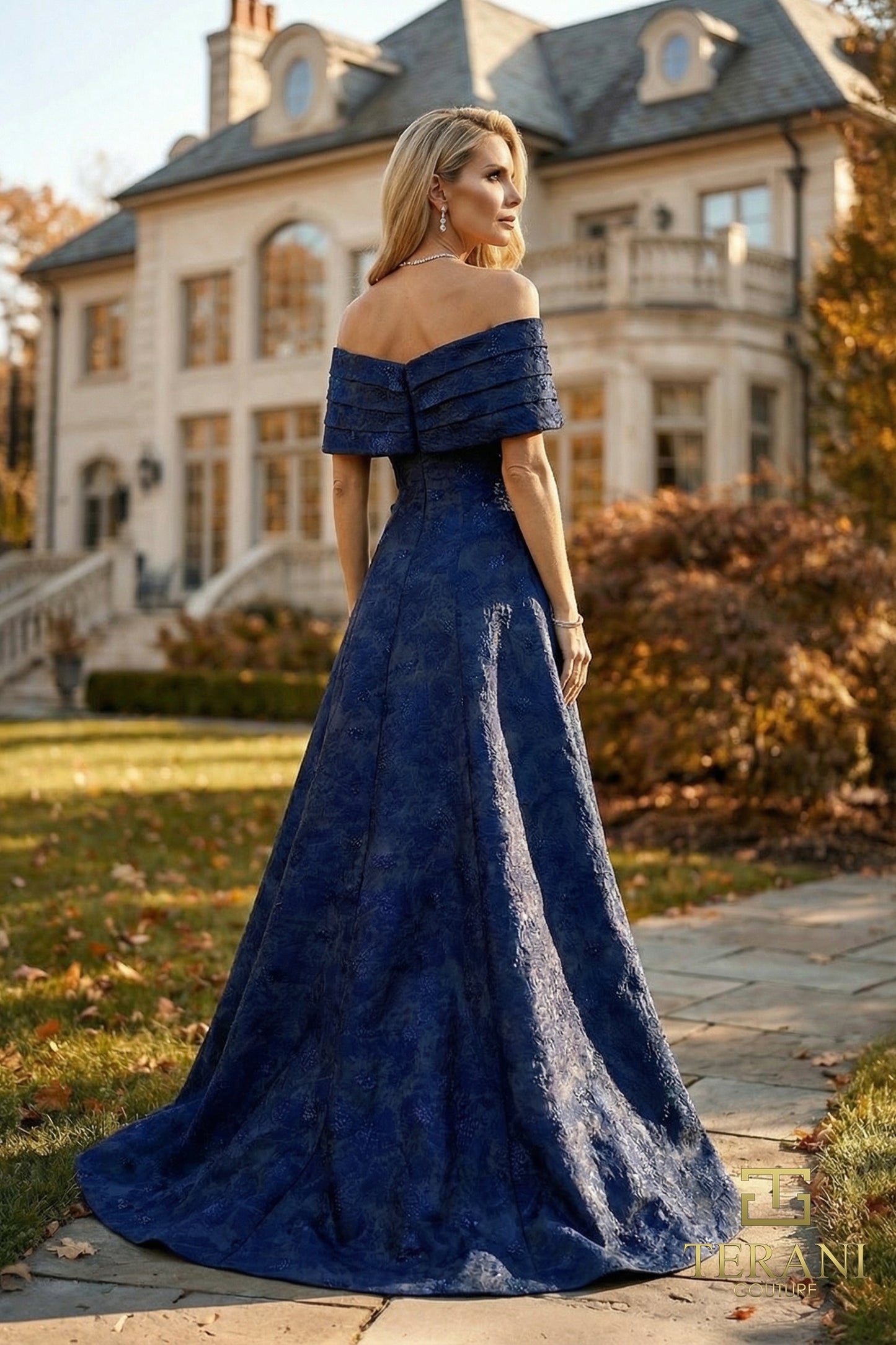 Terani Couture 262M7299 Navy Criss-Cross Portrait Off-the-Shoulder Splatter Jacquard Ballgown
