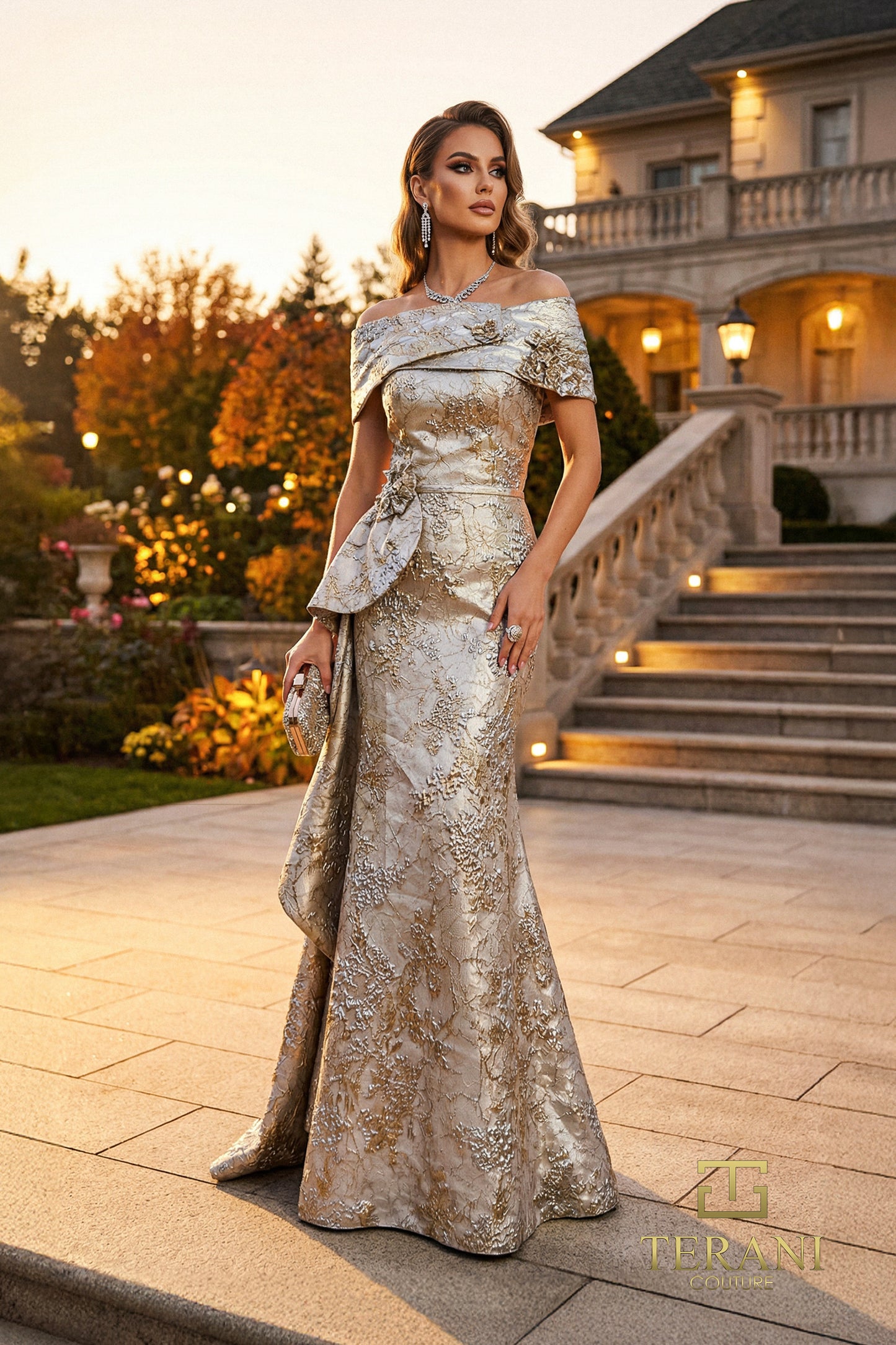 Terani Couture 262M7303 Off-Shoulder Folded Portrait Metallic Jacquard Trumpet Mother of the Bride Gown with Oversized Peplum