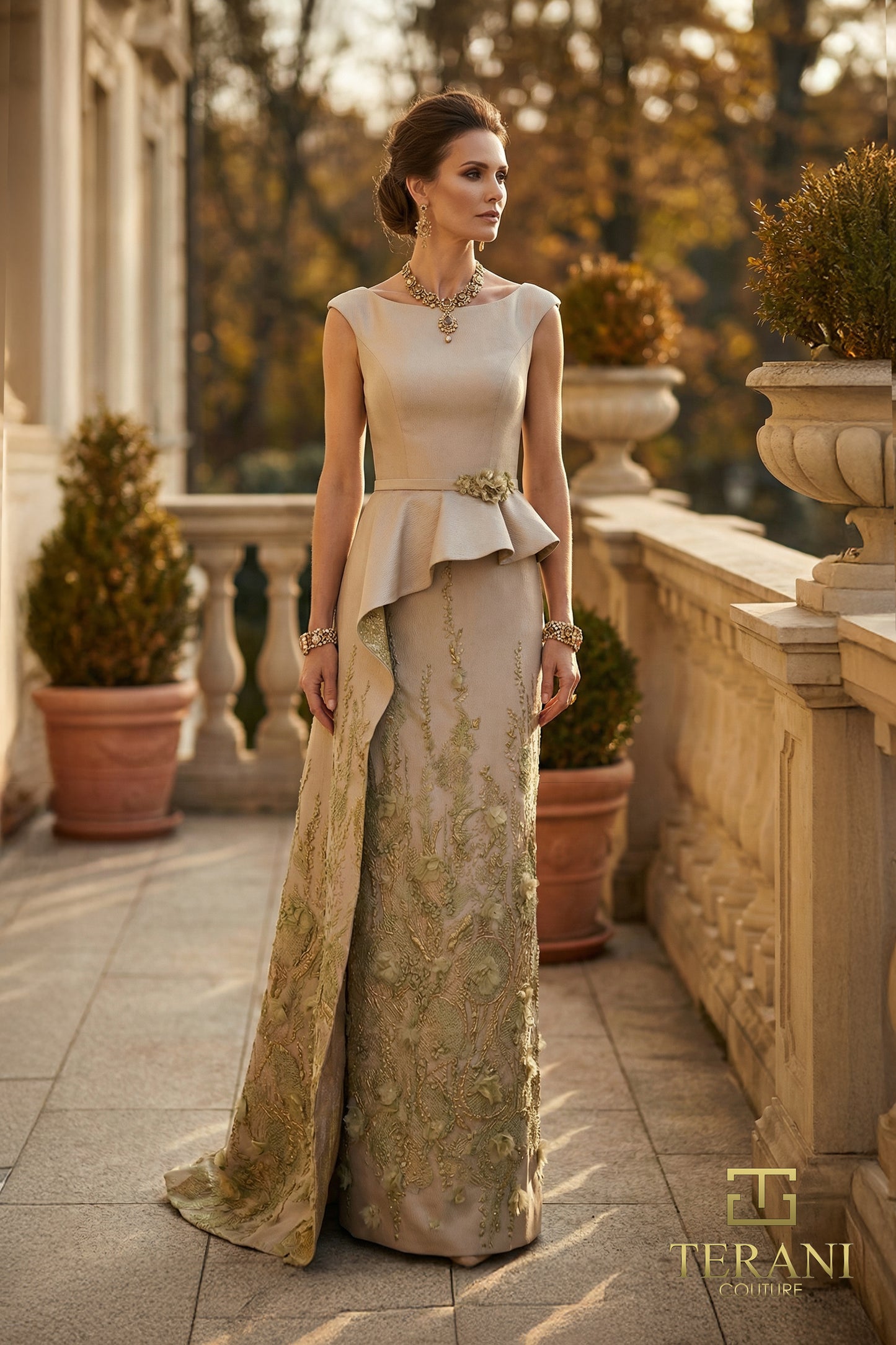 Terani Couture 262M7305 Brown Bateau Boat Neck Embroidered Metallic Jacquard Column Mother of the Bride Gown with Side Cascade