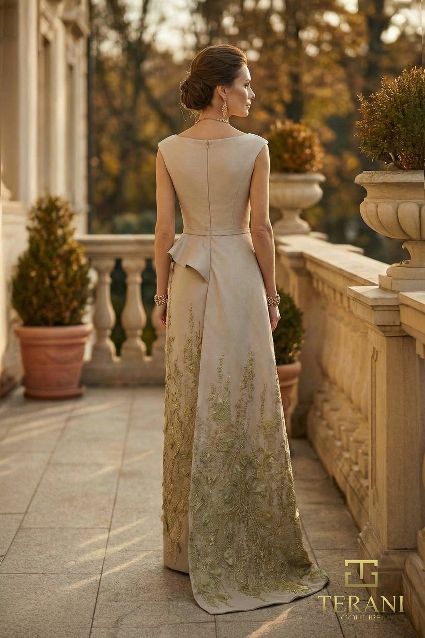 Terani Couture 262M7305 Brown Bateau Boat Neck Embroidered Metallic Jacquard Column Mother of the Bride Gown with Side Cascade