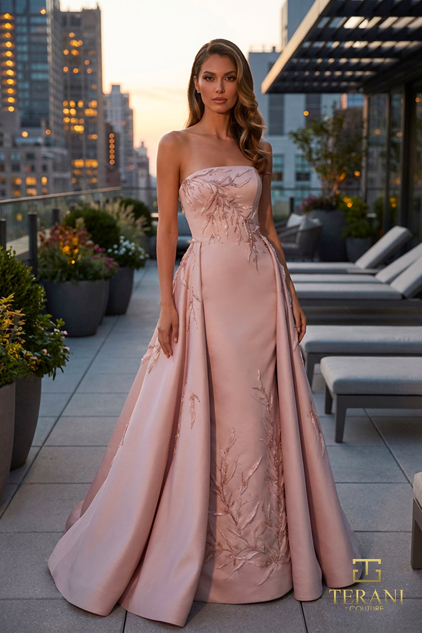 Terani Couture 262M7306 Pink Strapless 3D Botanical Embroidered Matte Satin Column Gown with Integrated Overskirt